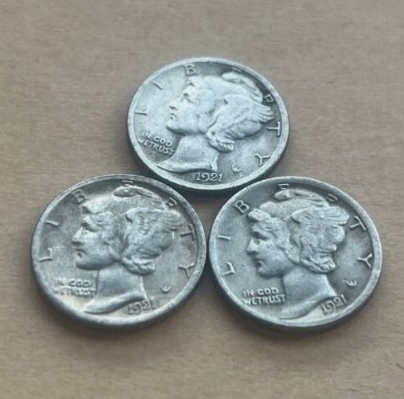 3PC 1921-D Mercury Dime Low production in the first year As shown in the figure