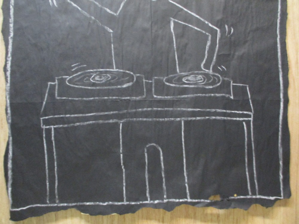 SUBWAY DRAWING chalk on black paper NYC wolfguy DJ Crank it up 81! KEITH HARING