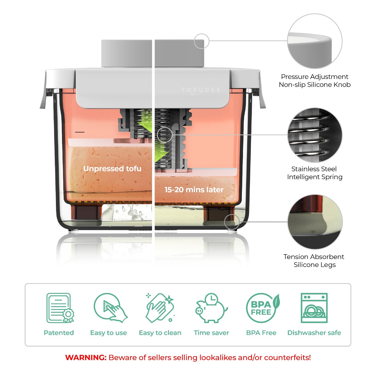 TOFUDEE Tofu Press (1st Gen) Adjustable Vegan Tofu Press With Auto IntelliSpring