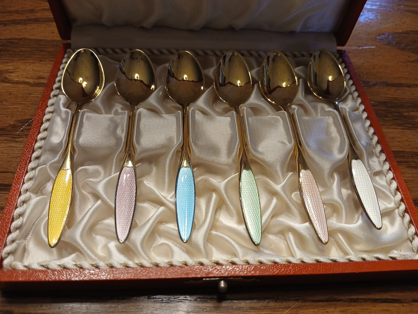 FRIGAST Denmark Box Set of 6 Sterling Silver Guilloche Enamel Demitasse Spoons