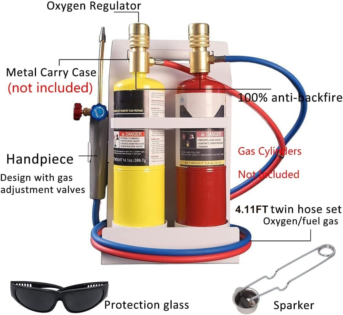 Oxygen MAPP Torch Kit W/ Pressure Meter W/ Tank Support, Glasses And Flint Spark