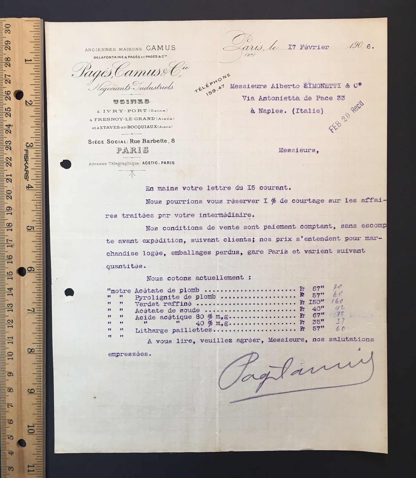 1906 Pages Camus & Cie Letterhead / Letter in French Regards to Chemical Order