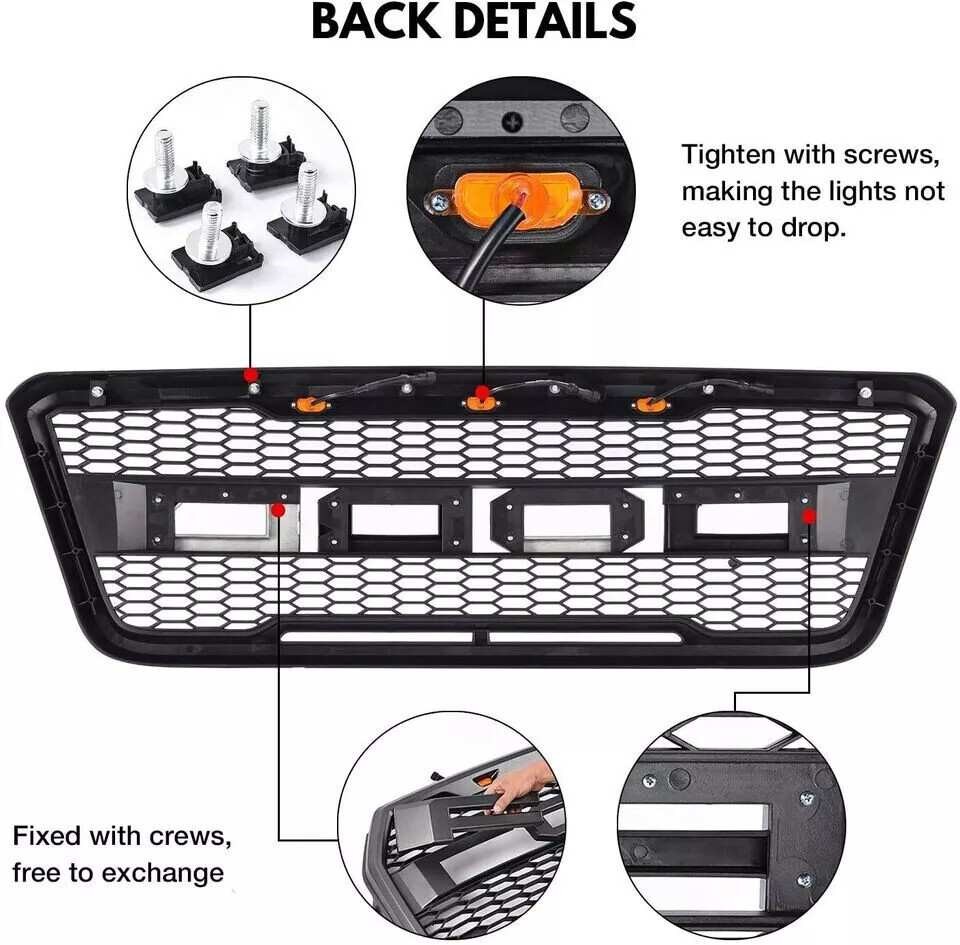 For 2004-2008 F150 F-150 Raptor Style Front Bumper Grille Grill Black w/Lights