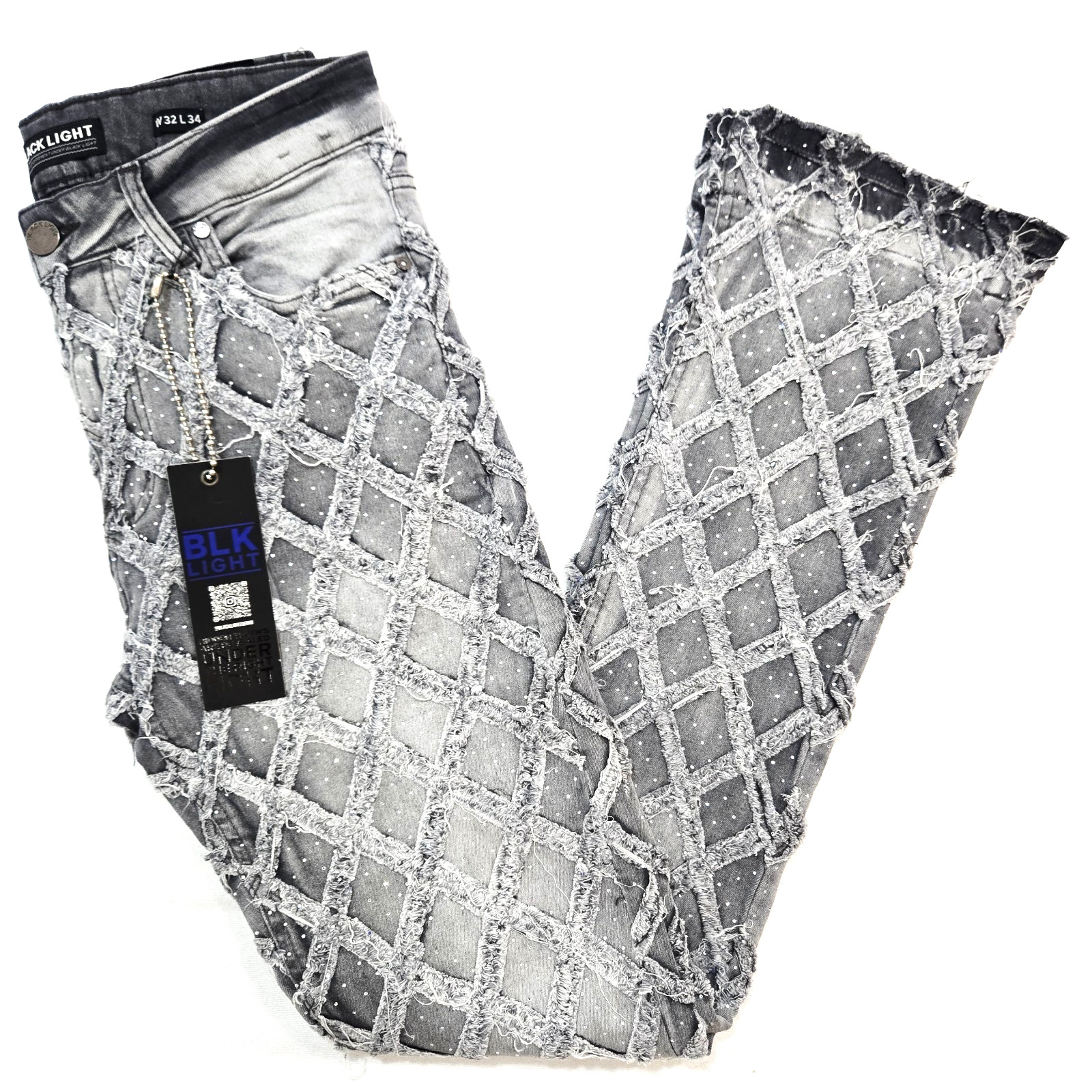 Black Light Men Jeans Stretch Slim Straight Flare Fit Grey Denim with Rhinestone