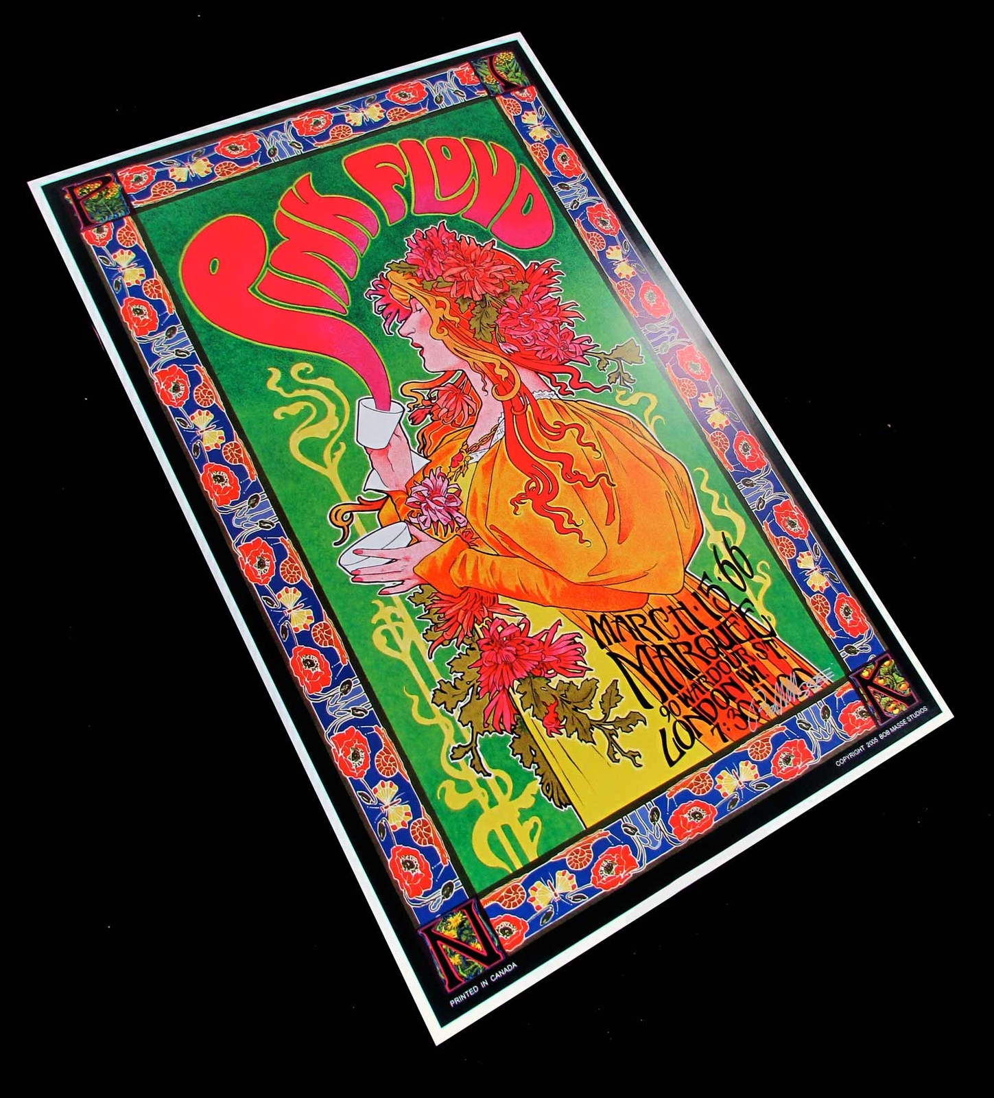 Hand Signed Pink Floyd Marquee Club Poster Mad Hatter Tea Party by Bob Masse COA