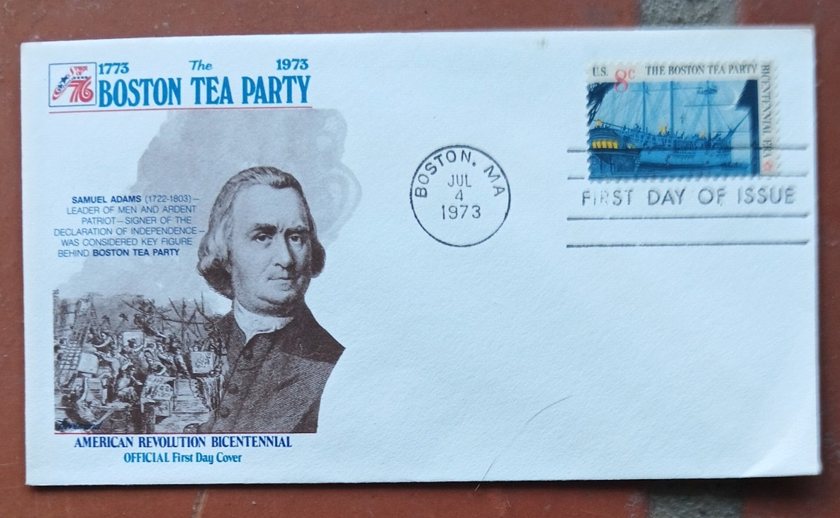 BOSTON TEA PARTY SET  1973 SCARCE SAMUEL ADAMS CACHET FDC  UNADDR