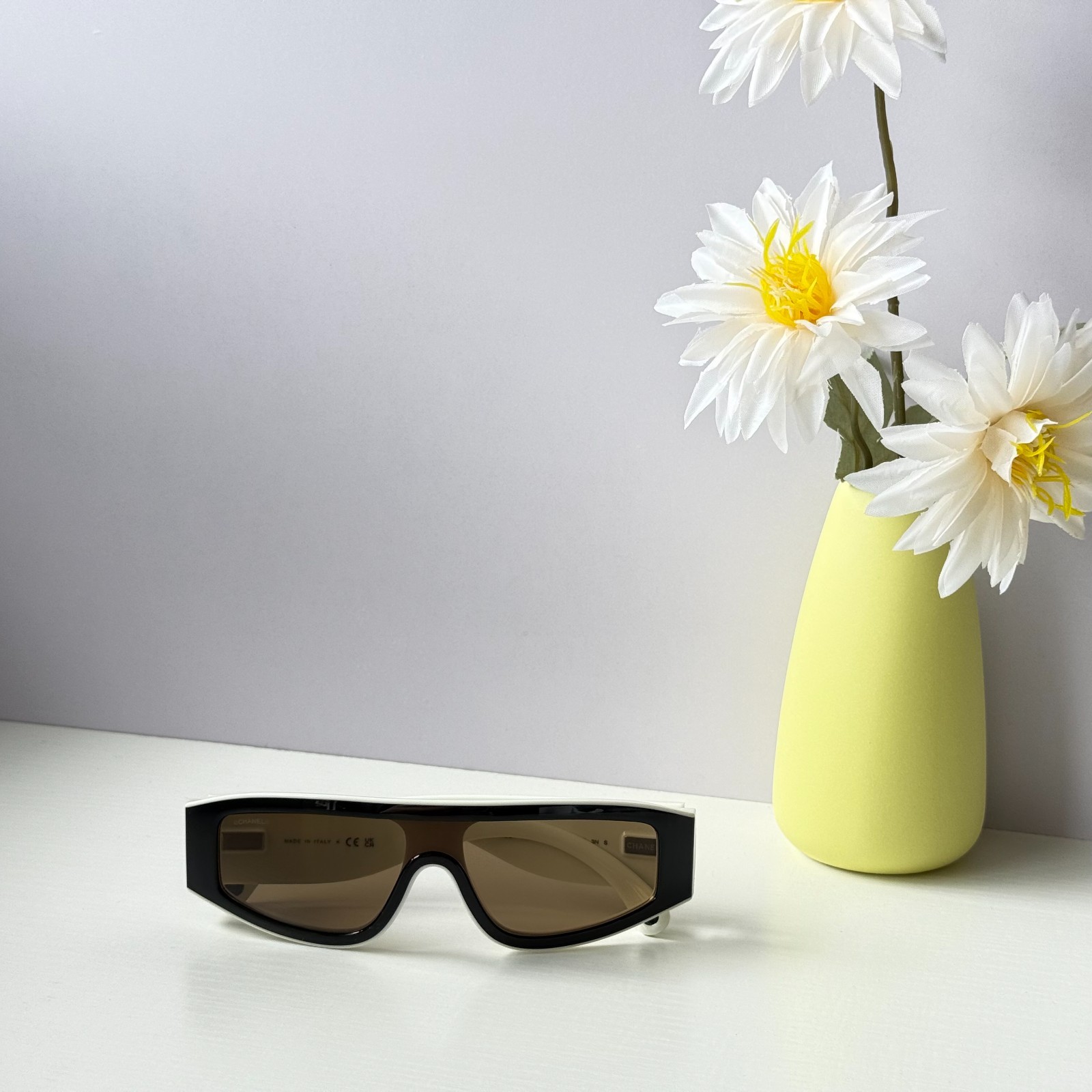 Chanel CH6057 Sunglasses Black/Beige Shield Wrap Brown Lens