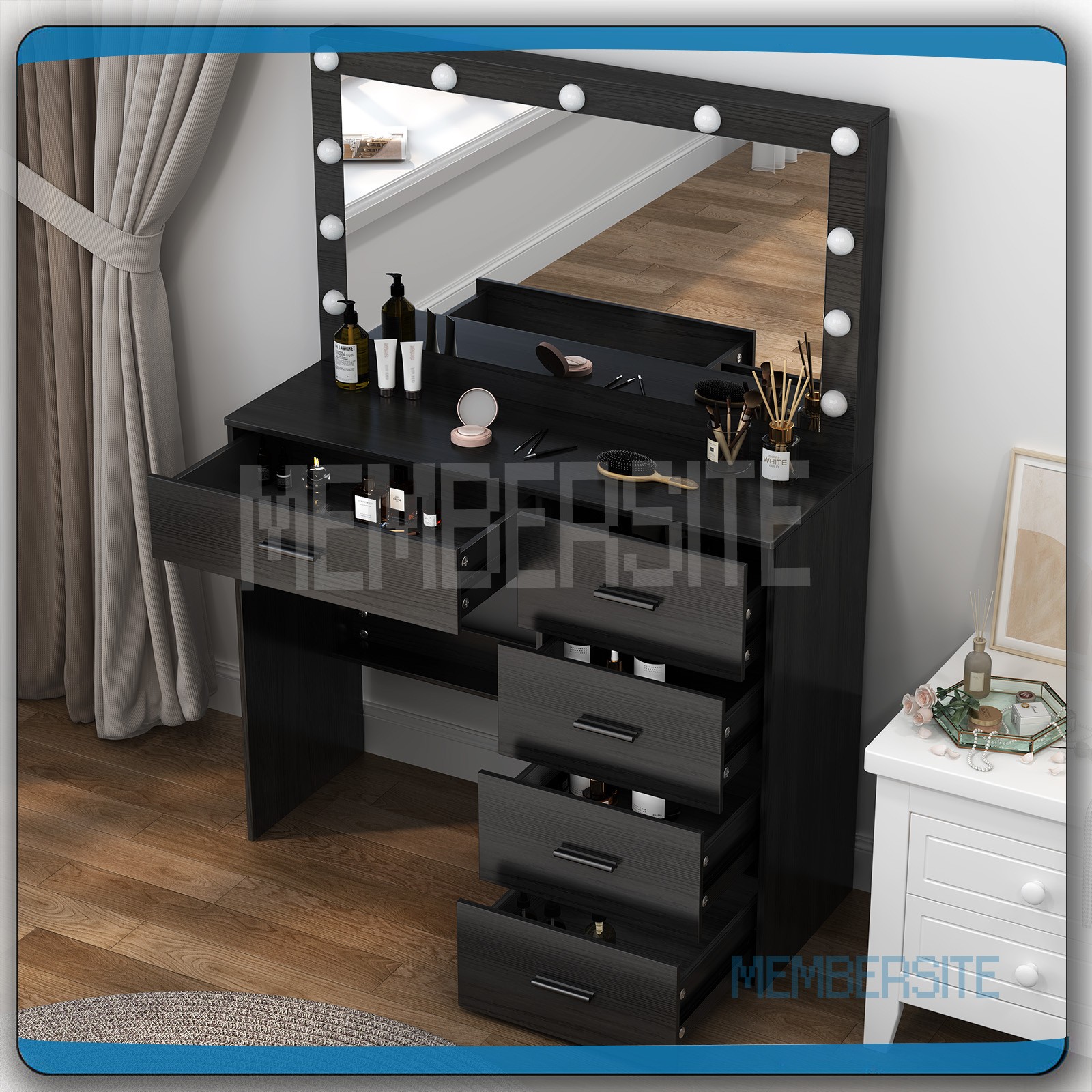 Black Makeup Vanity Desk With Large Hollywood Mirror 11 Led Bulbs Dressing Table