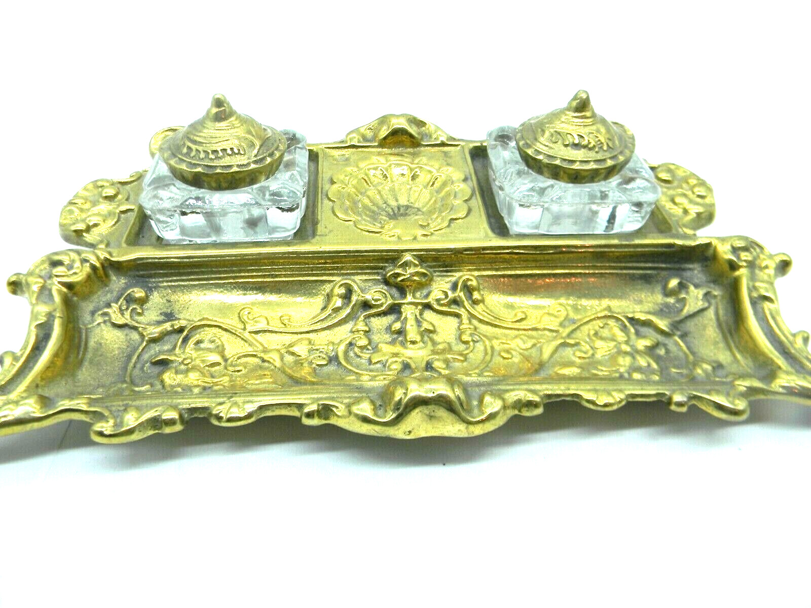 Antique Victorian Brass Desk Inkwell Pen rest Double Glass wells