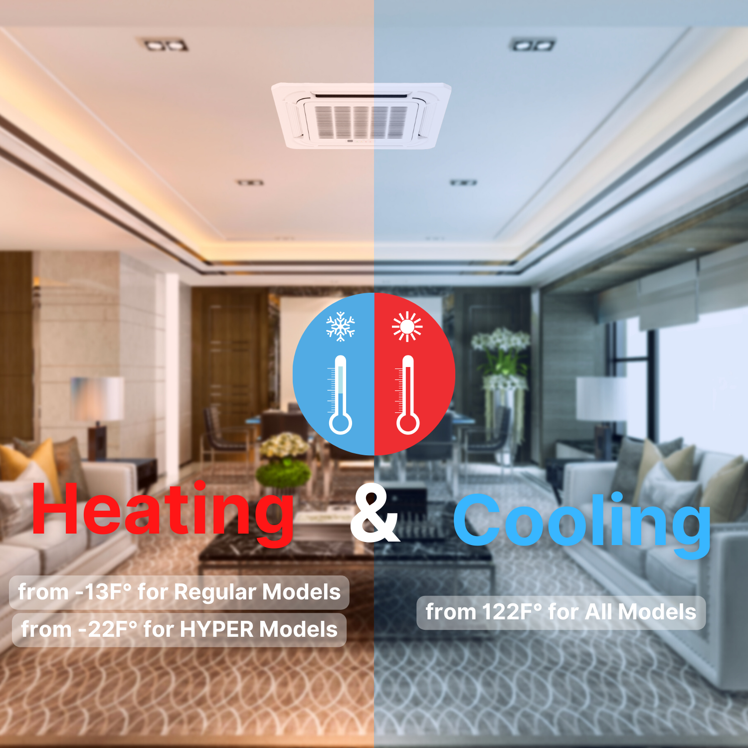 24000 - 48000 BTU 230V Ceiling Cassette Mini Split Heat Pump Air Conditioner