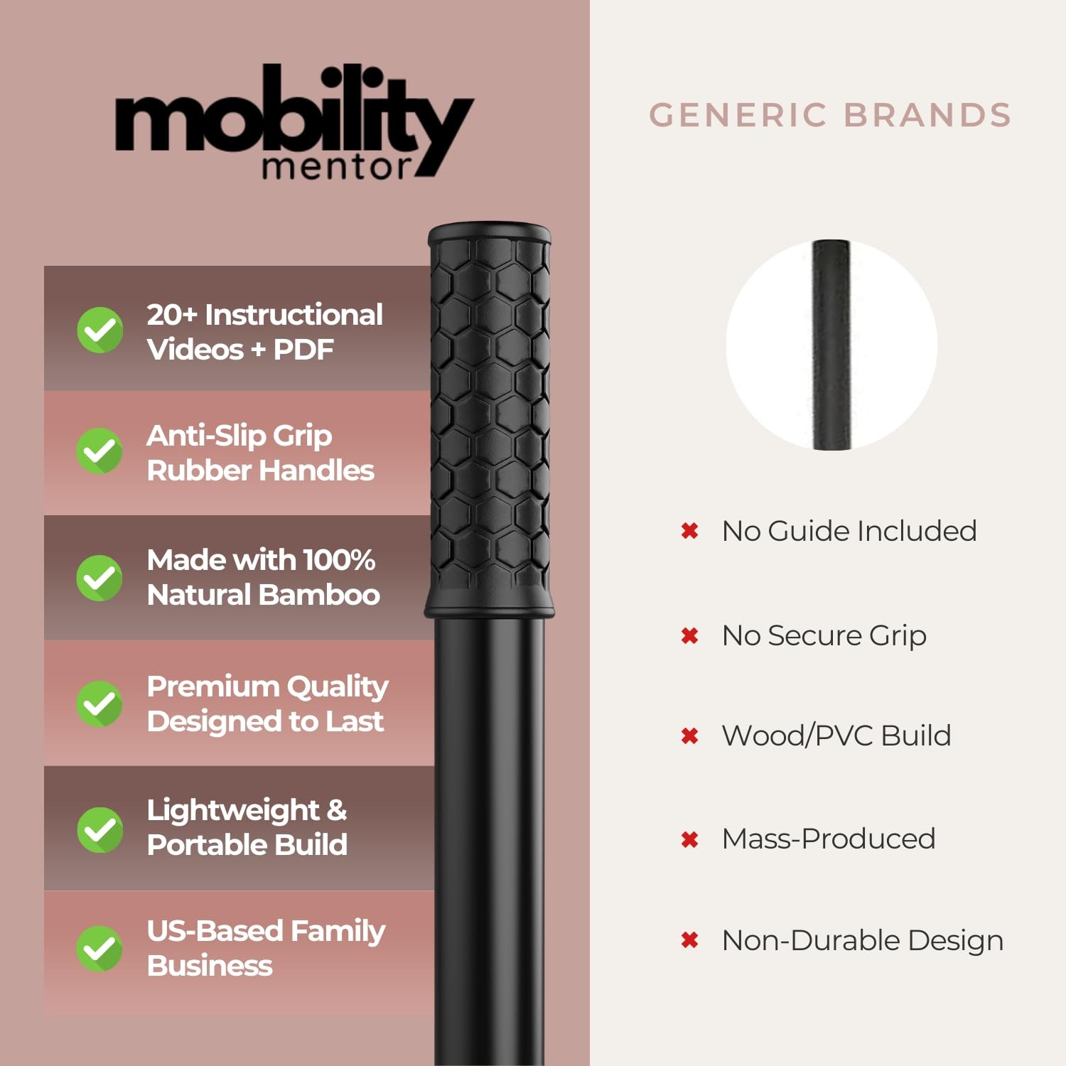 Mobility Mentor Yoga Stick - Mobility Stick - Large Bamboo Exercise Stick for...