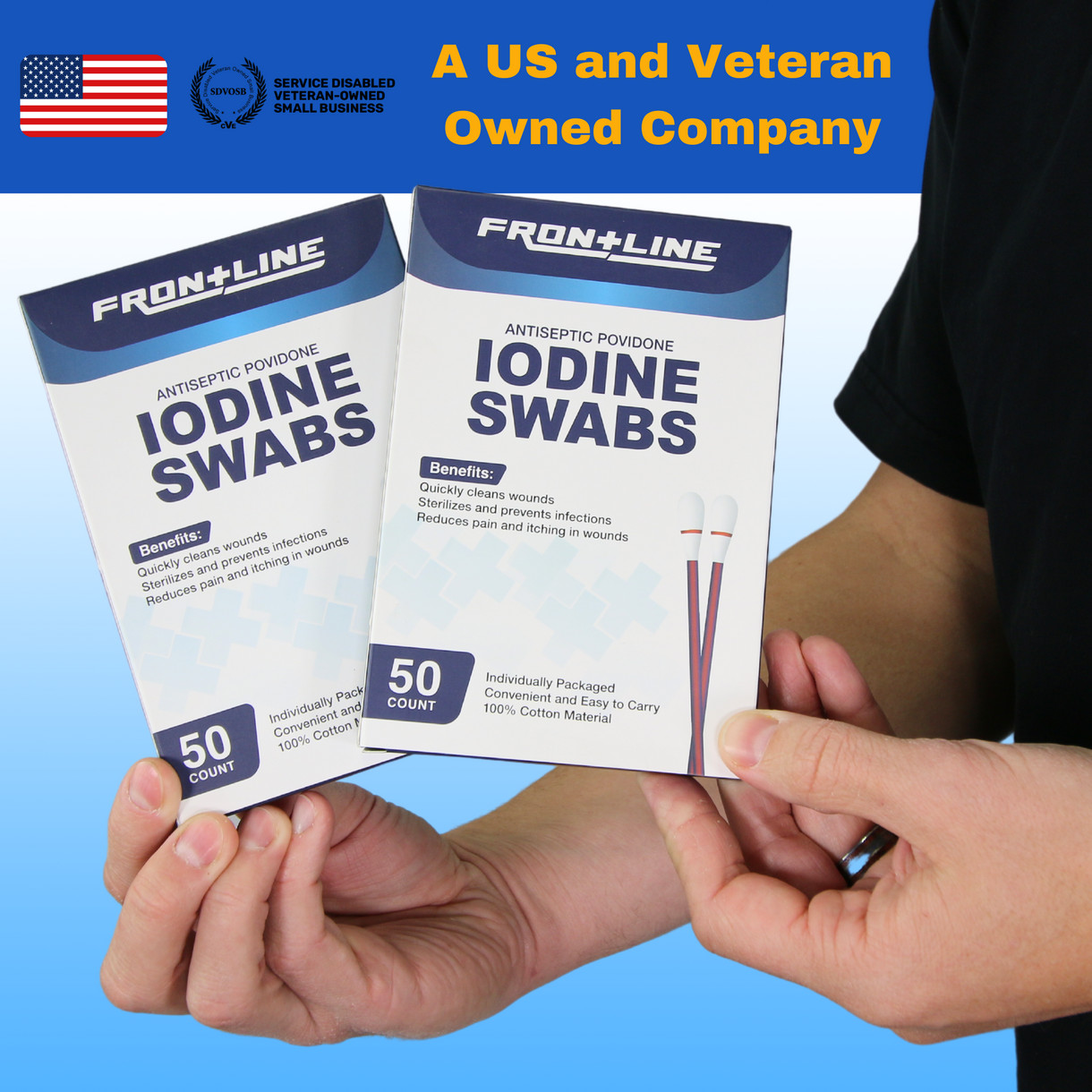 100 Pack Frontline Iodine Swabs Antiseptic Povidone Wound Cleaning Cotton Swabs