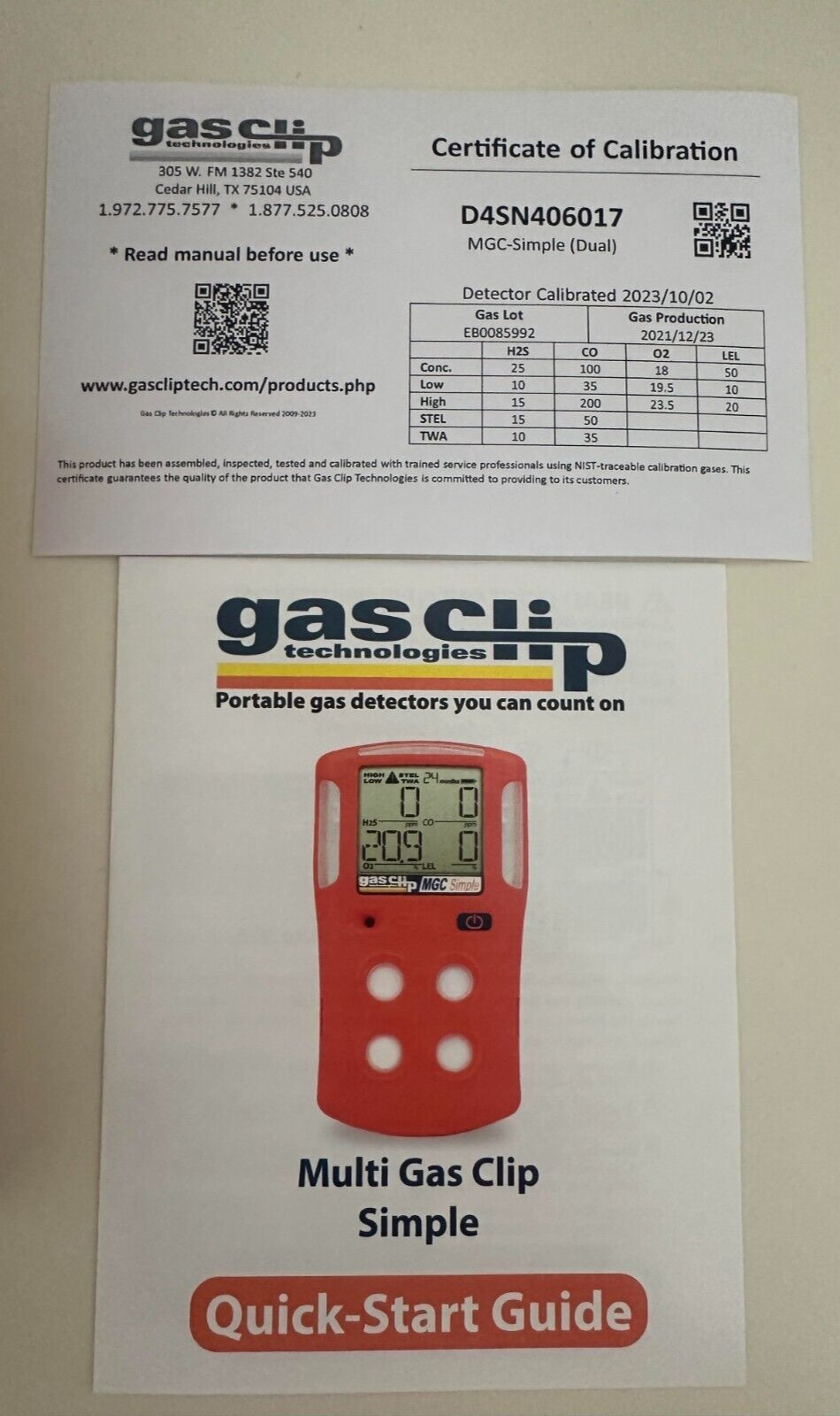 Gas Clip MGC-S Multi Gas Clip Simple, 4 Gas, 2 Year No Charge. 4 Way Gas Monitor