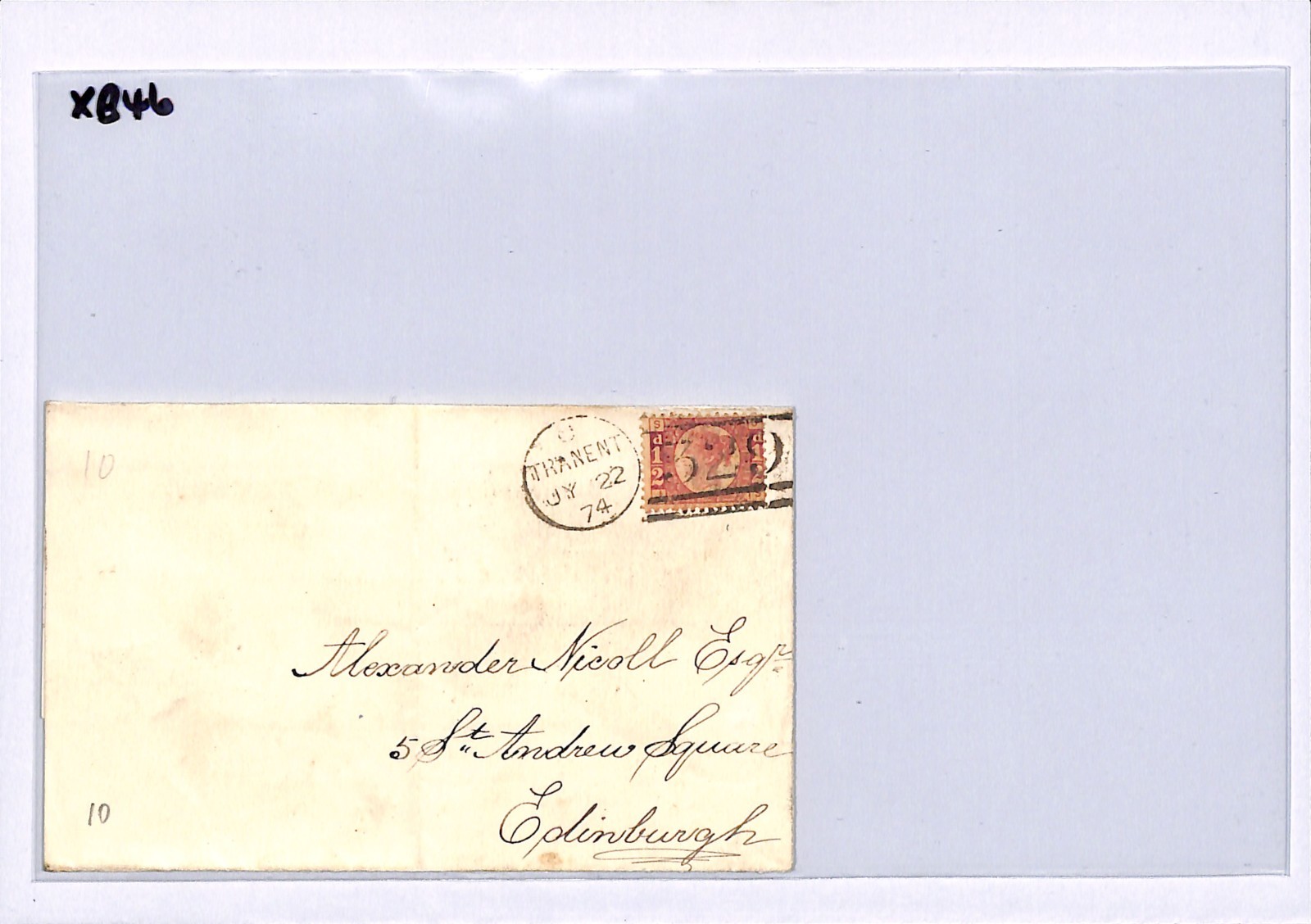 GB QV BANTAM ½d Plate 10 (JS) Cover *TRANENT* Haddington 1874 Edin Scotland XB46