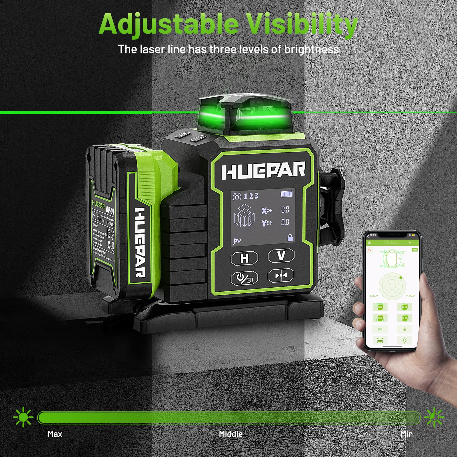 Huepar 3x360° Green Cross Line Bluetoothed Laser Level with Large LCD Screen