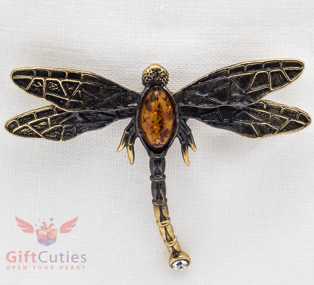 Brass Amber dragonfly Brooch IronWork