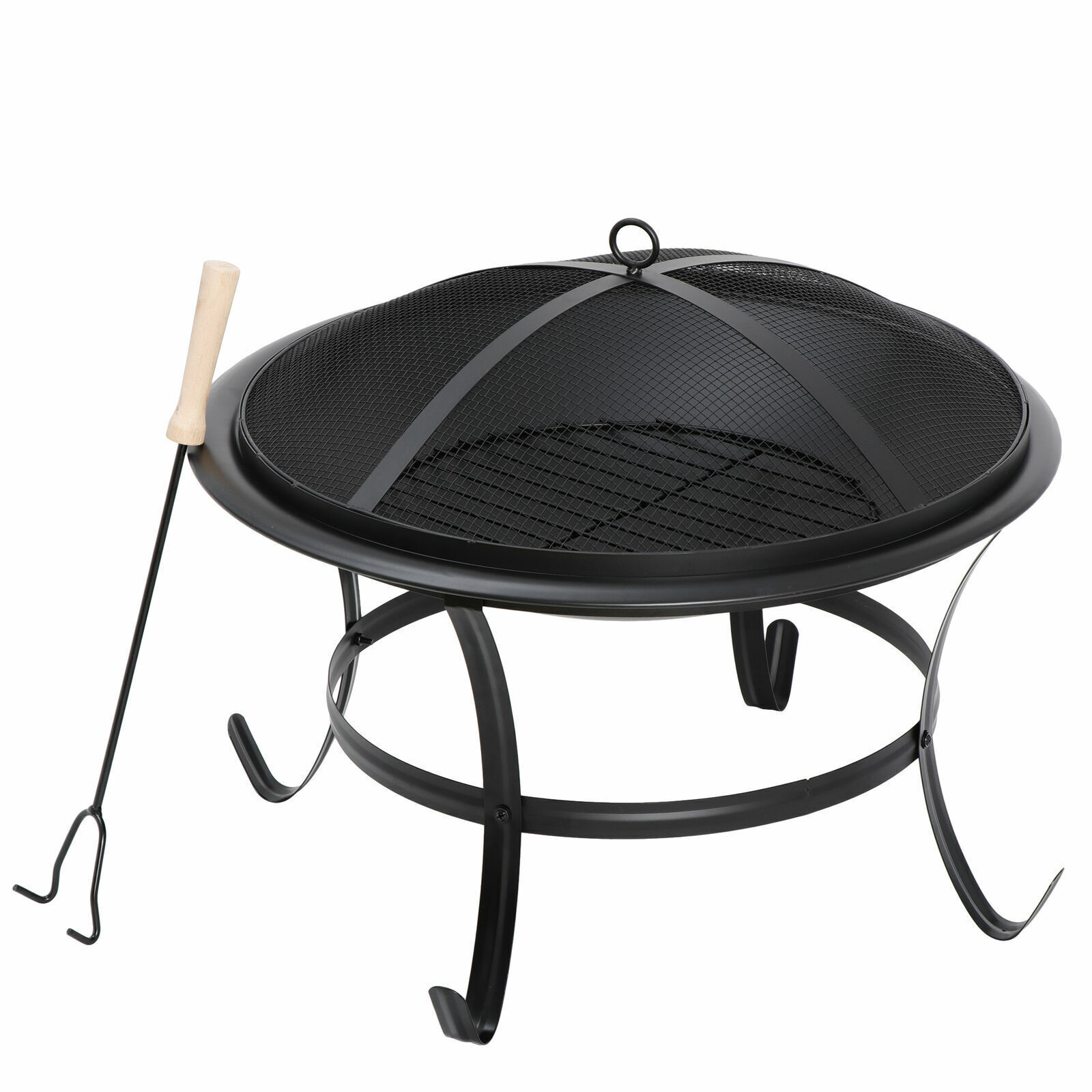 22" Round Fire Pit Patio Wood Burning Bowl Stove Fireplace W/ Lid Poker Black