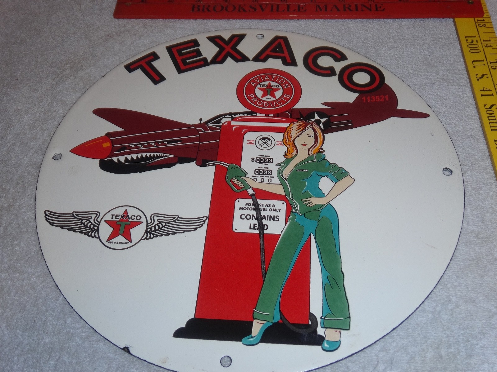 VINTAGE TEXACO AVIATION FEMALE MODEL WW2 AIRPLANE 11 3/4" PORCELAIN GAS OIL SIGN