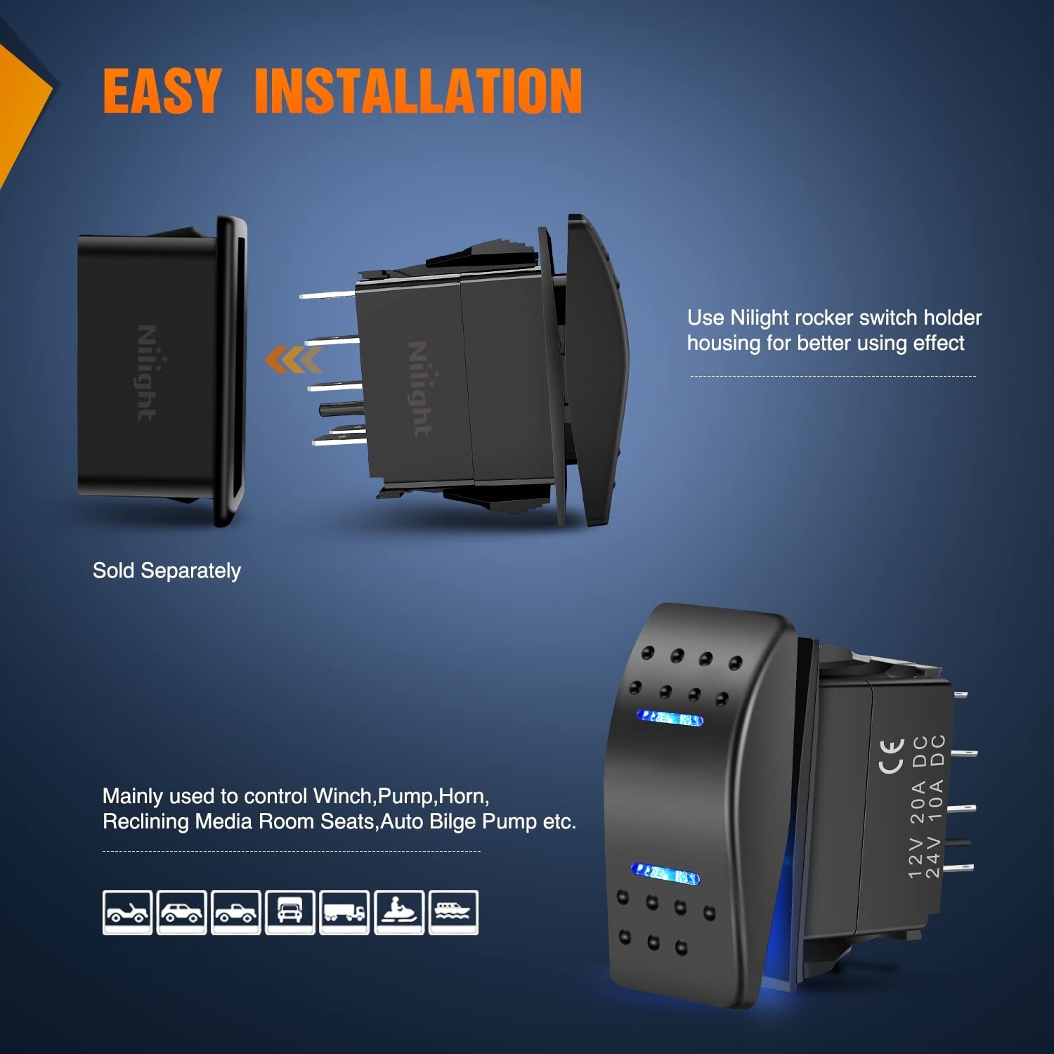 Nilight Waterproof Rocker Switch Toggle ON Off ON Switch DPDT 7Pin 12V 24V