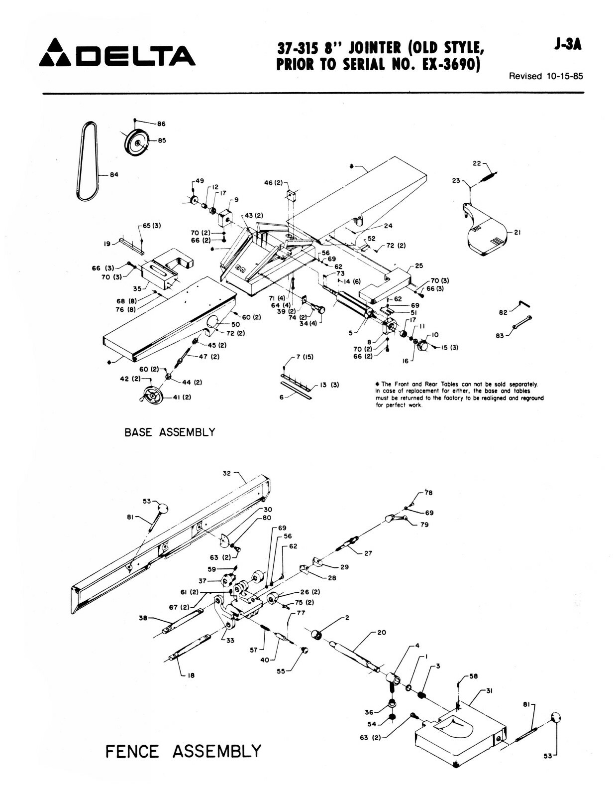 Delta 8" Jointer Older Style Instruction & Parts List Manual See Descript. #1899