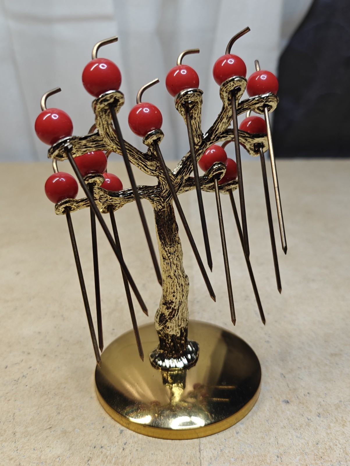 Cherry Tree Cocktail Pick Set Gold Tone, Brass Pick Vintage Mid Century