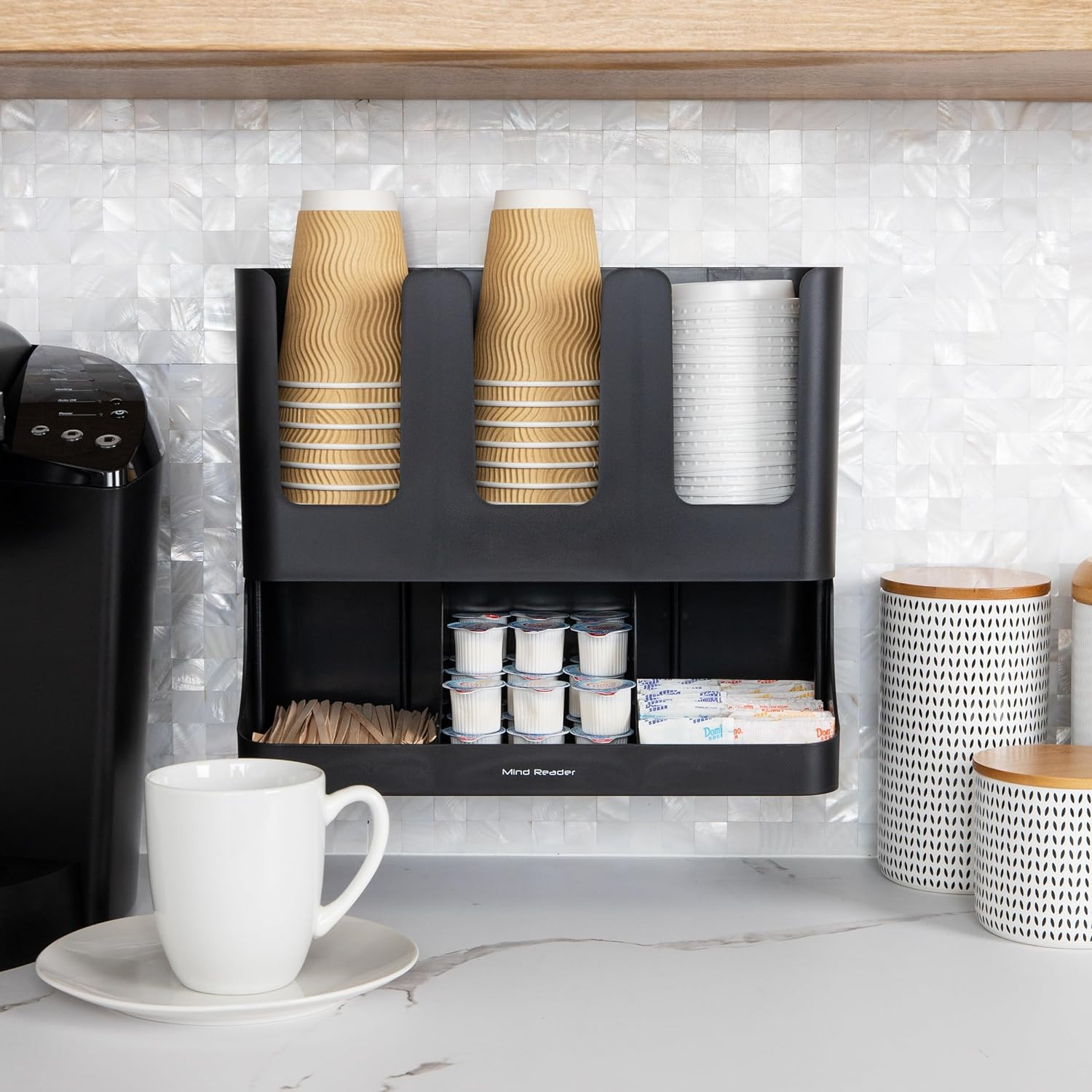 Cup and Condiment Station, Countertop Coffee Bar Organizer with 6 Compartments,