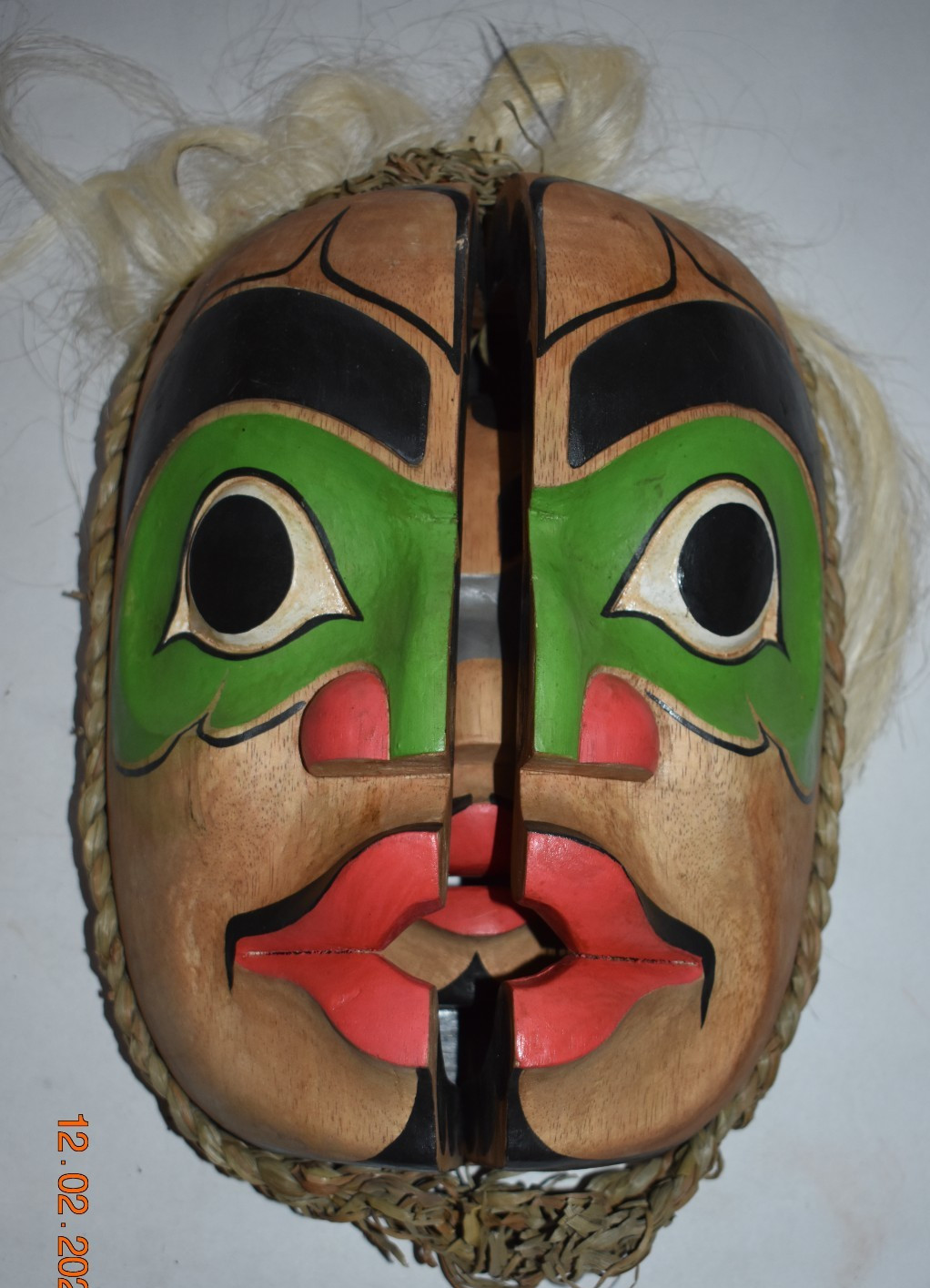 NORTHWEST COAST STYLE SHAMANS TRANSFORMATION MASK, HAIR 21" OPEN 1900S