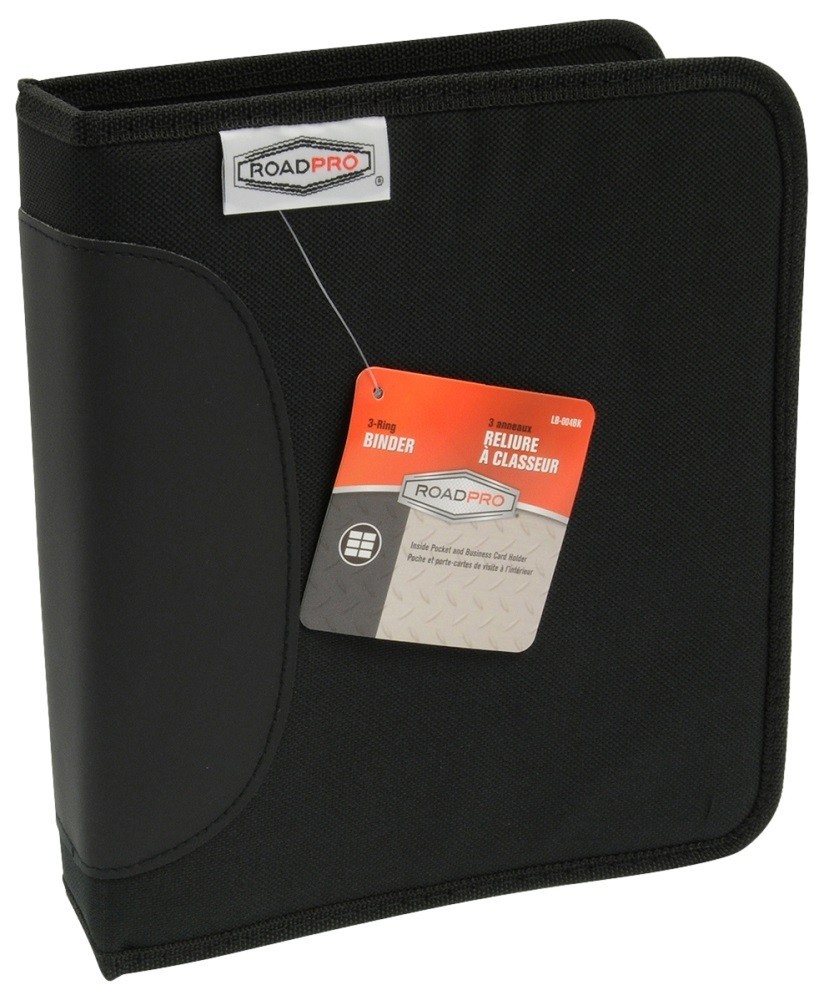 RoadPro LB‑004BK 3‑Ring Zippered Log Book Binder Black Organizer with Pockets