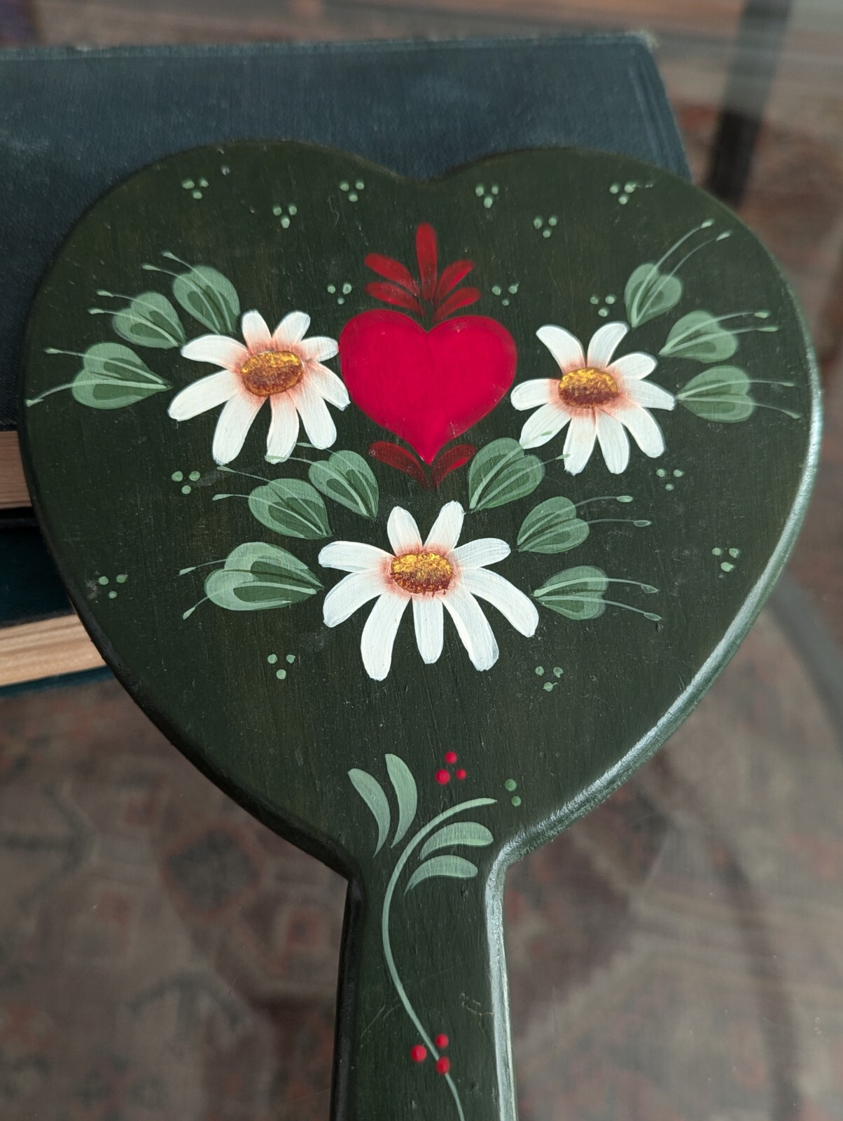 Vtg Hand Mirror Vanity Folk Art Handmade Home Green Wood Tole Painted Floral