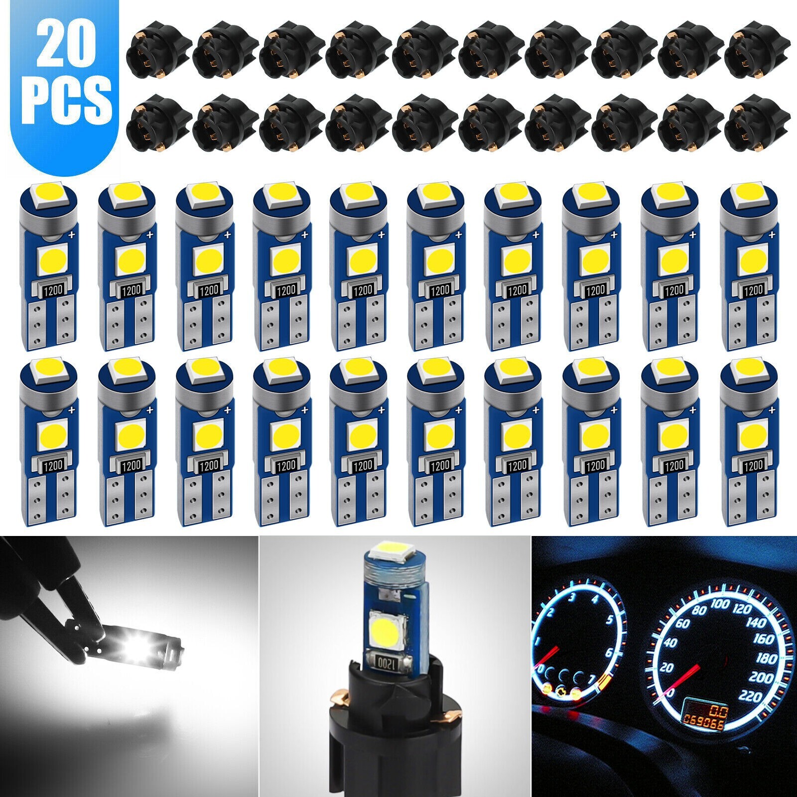 20PCS T5 73LED 3030SMD Instrument Cluster Dash Light Bulb Kit Twist Socket White