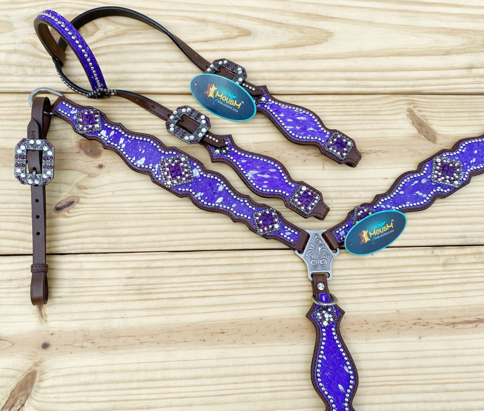 MOUSM Western Leather Headstall and Breast Collar Tack Set for Horses - Purple