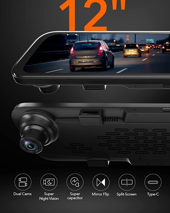 WOLFBOX G840S 12”Mirror Dash Cam 4K Rear View Mirror Dash Camera Front and Rear