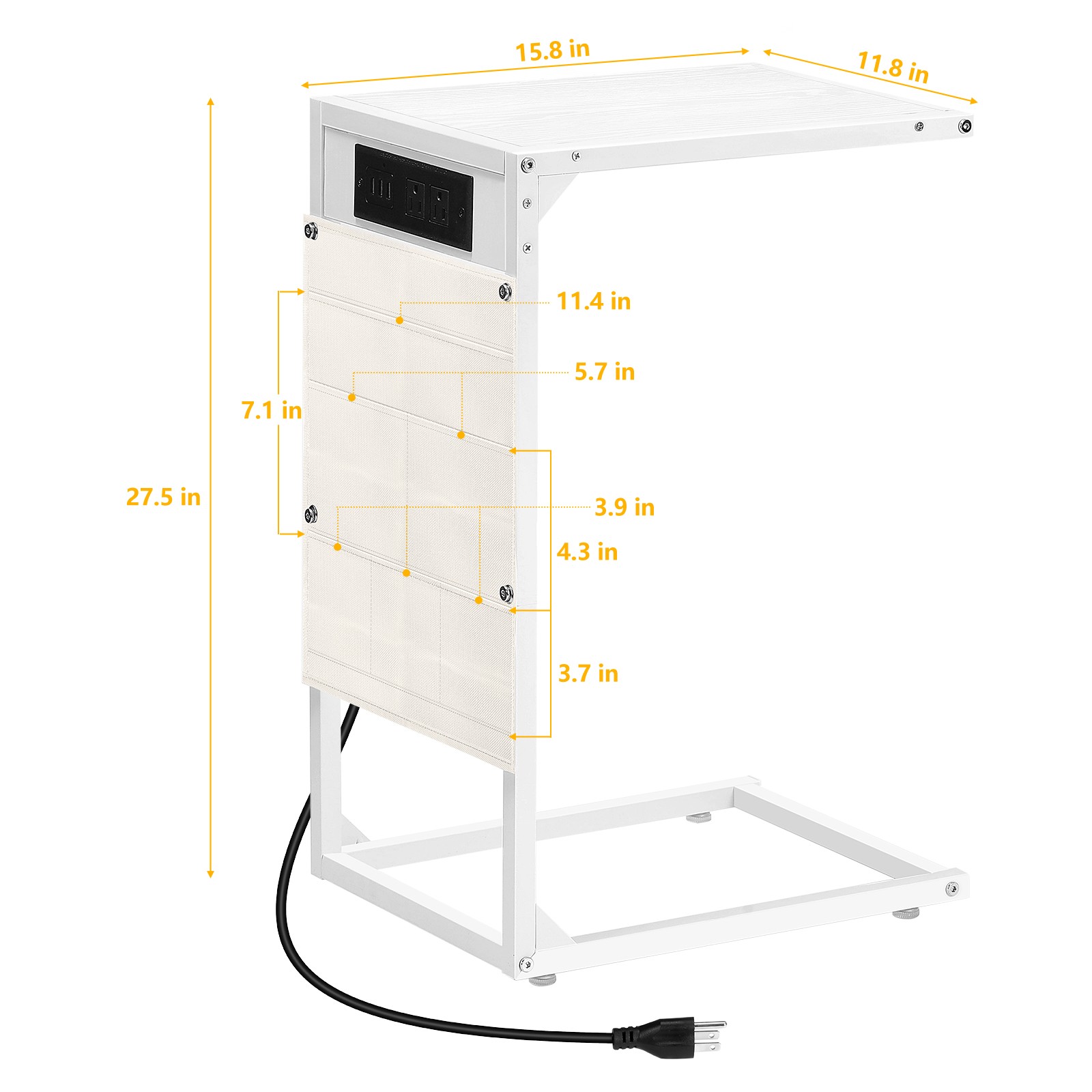 Set of 2 C Shaped End Table with Charging Station Storage Bag Couch Side Tables