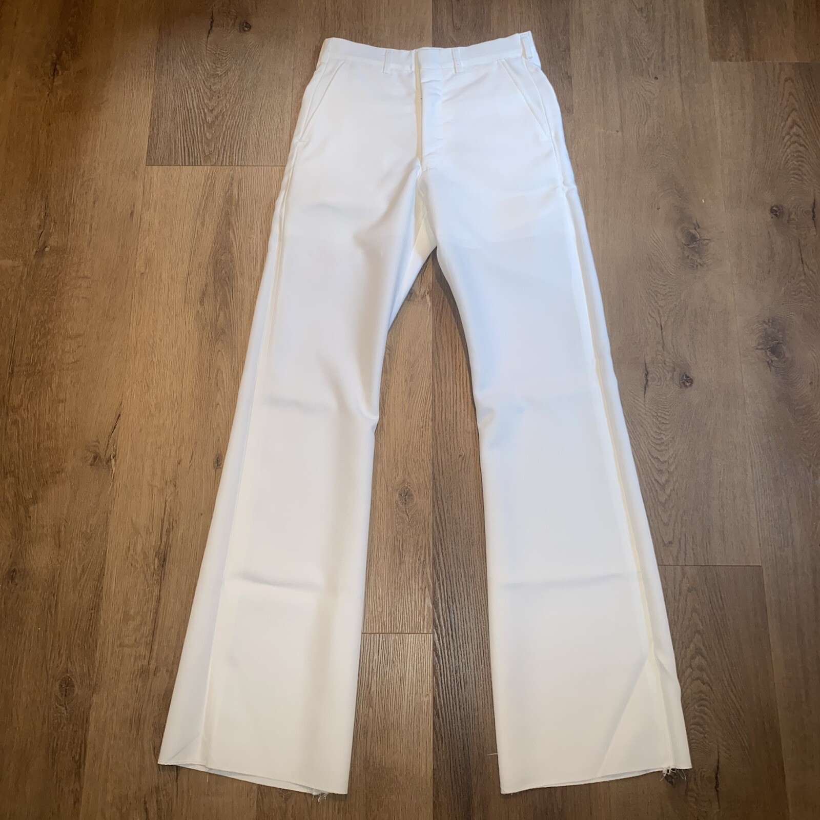 Mens Bell Bottom Pants Vintage Polyester White Flare Leg Mod New NOS 28 Unhemmed
