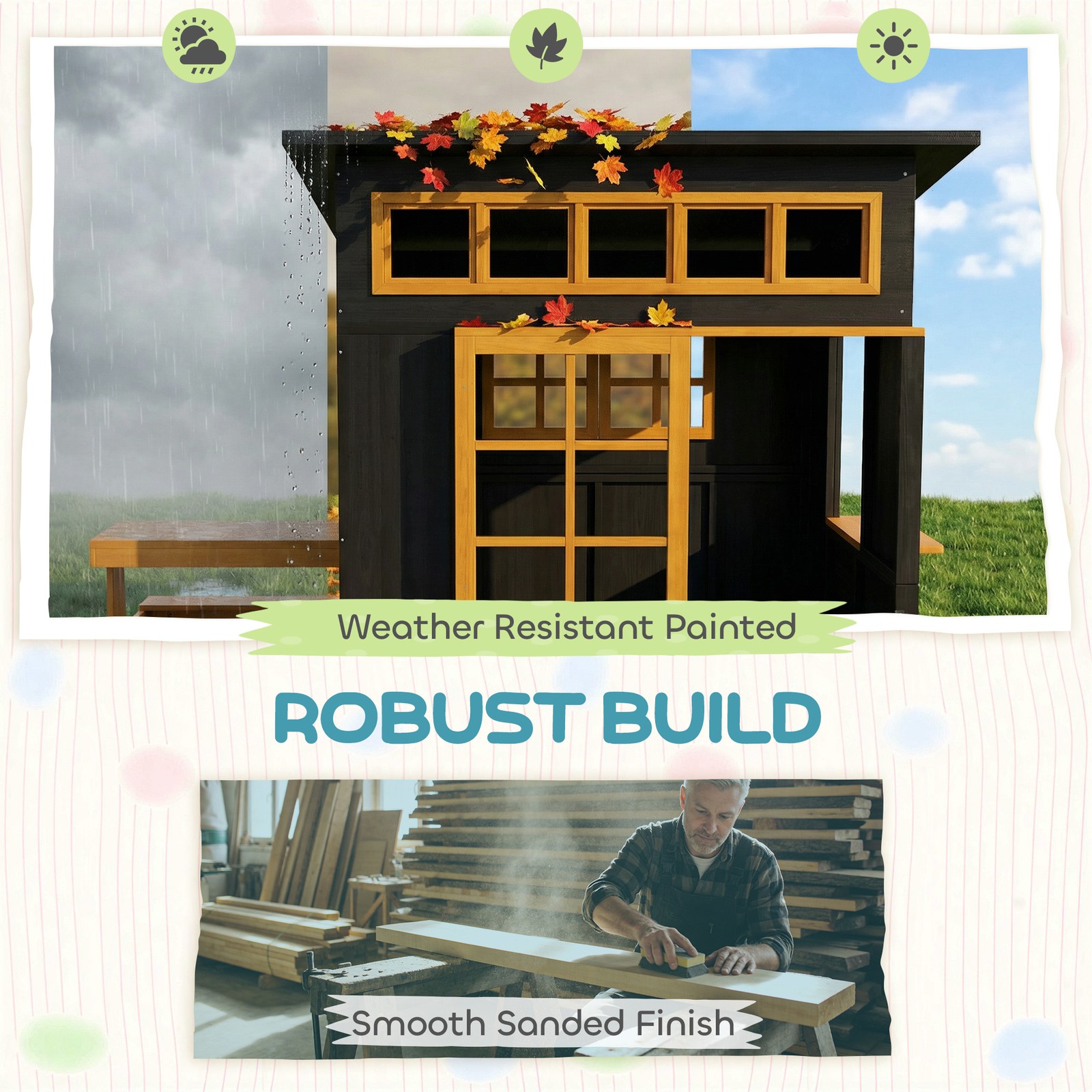 Qaba Kids Outdoor Playhouse, Wooden Kids Playhouse w/ Picnic Table