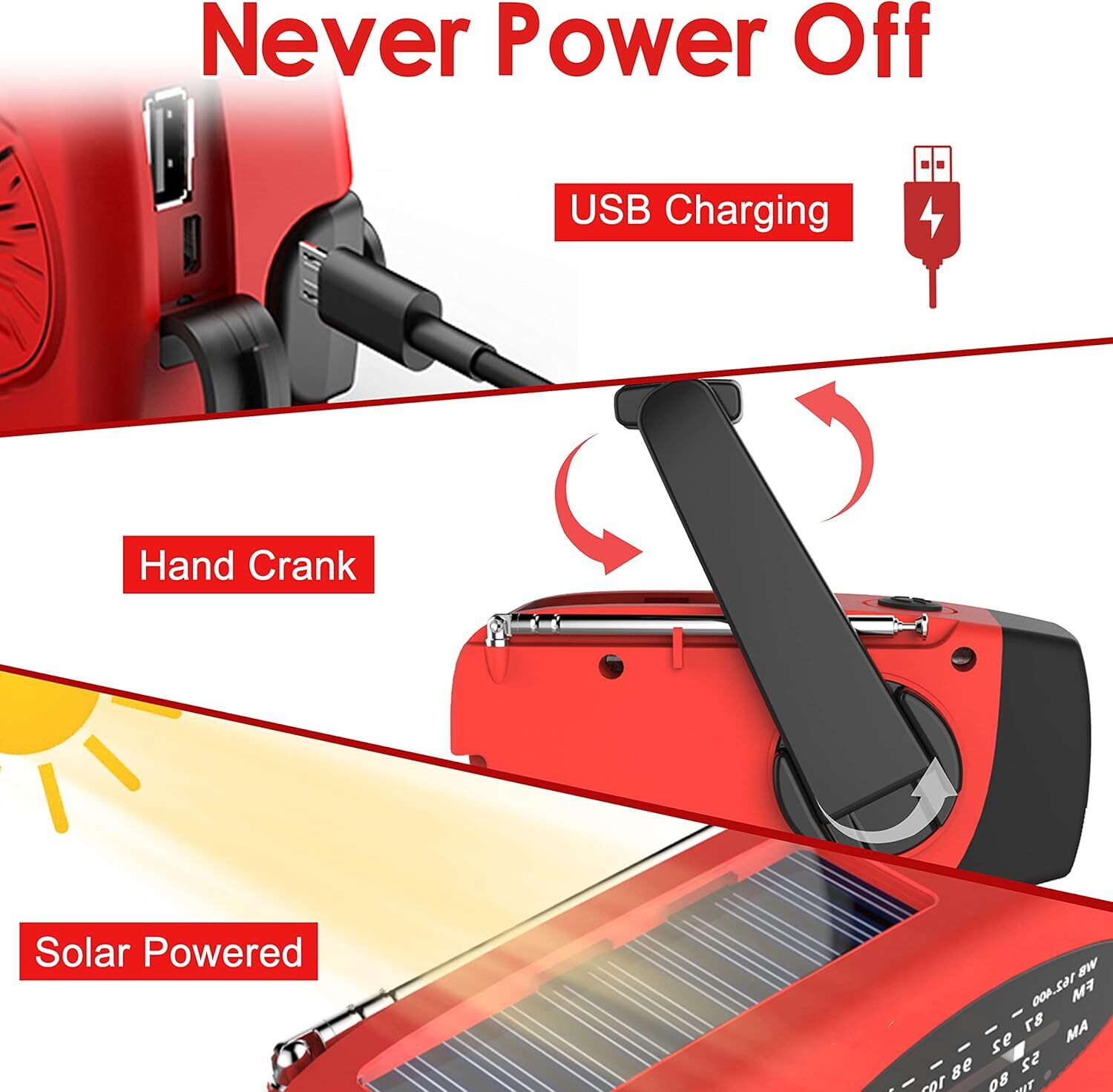 Emergency Solar Hand Crank Weather Radio 3000mAh Power Bank Charger Flash Light