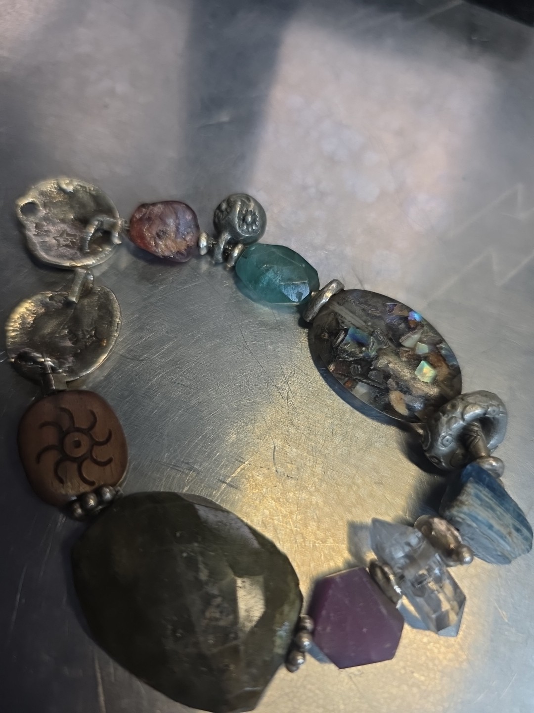 Vintage Handmade Chunky Statement Gemstone Bracelet Silver 7.5"