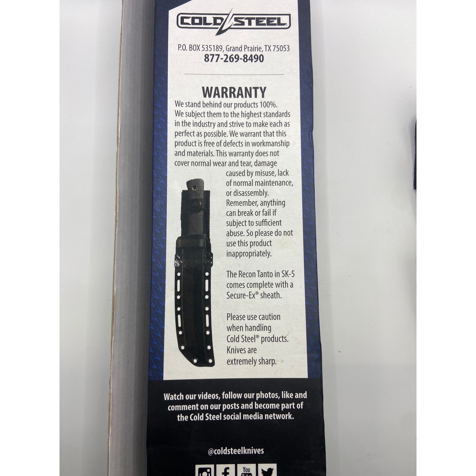 Cold Steel Recon Tanto Fixed Blade Knife SK-5 Steel SecureEx Sheath New