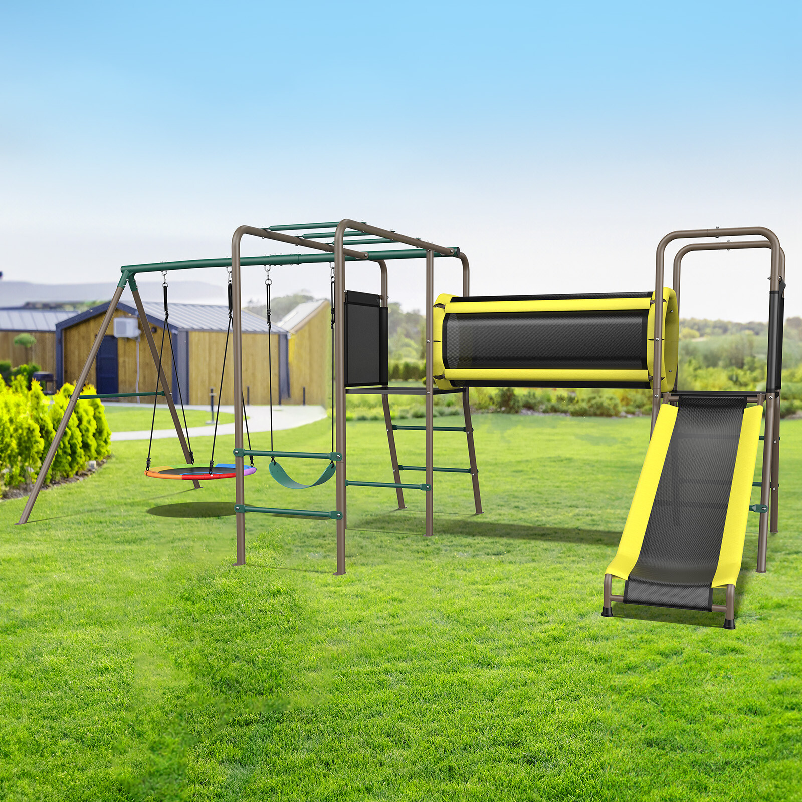 Metal Swing Set Playground Set with 2 Swing, Monkey Bar, Climbing Ladder & Slide
