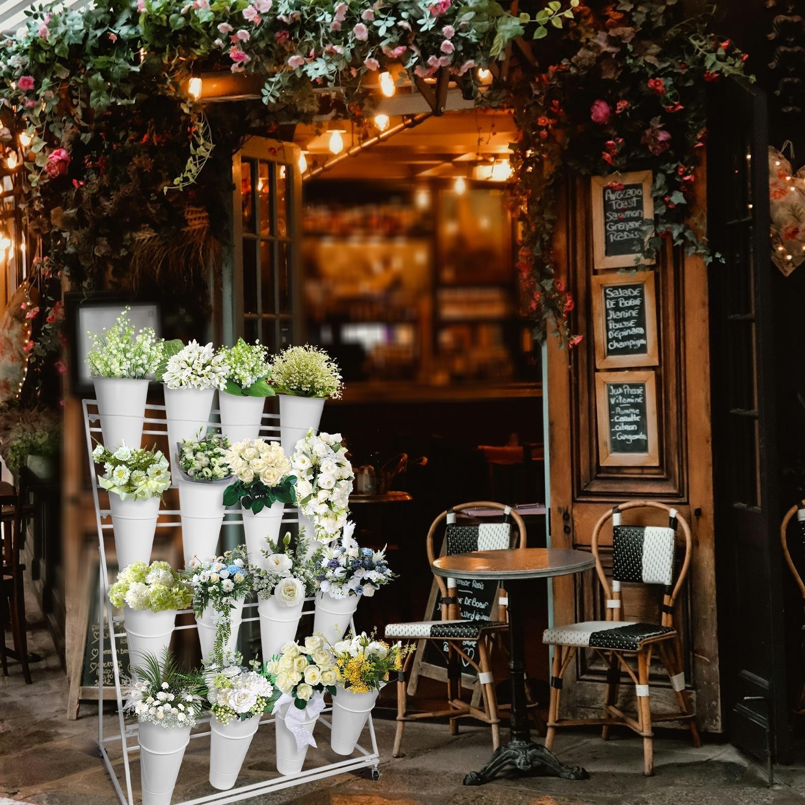 3/4 Tiers Flower Display Stand Cart w/ Round/Square &12/16 Buckets Flower Stand