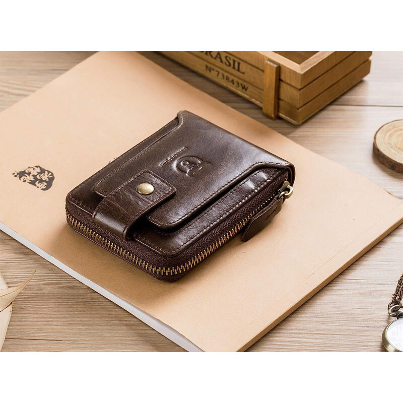 Genuine Leather Zipper Wallet Mens RFID Blocking Bifold Zip Around Card Holder