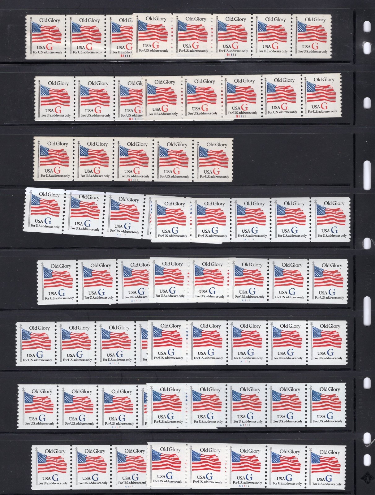 32 cent G Plate number coil Strips of 5, Face $59.20, Mint NH