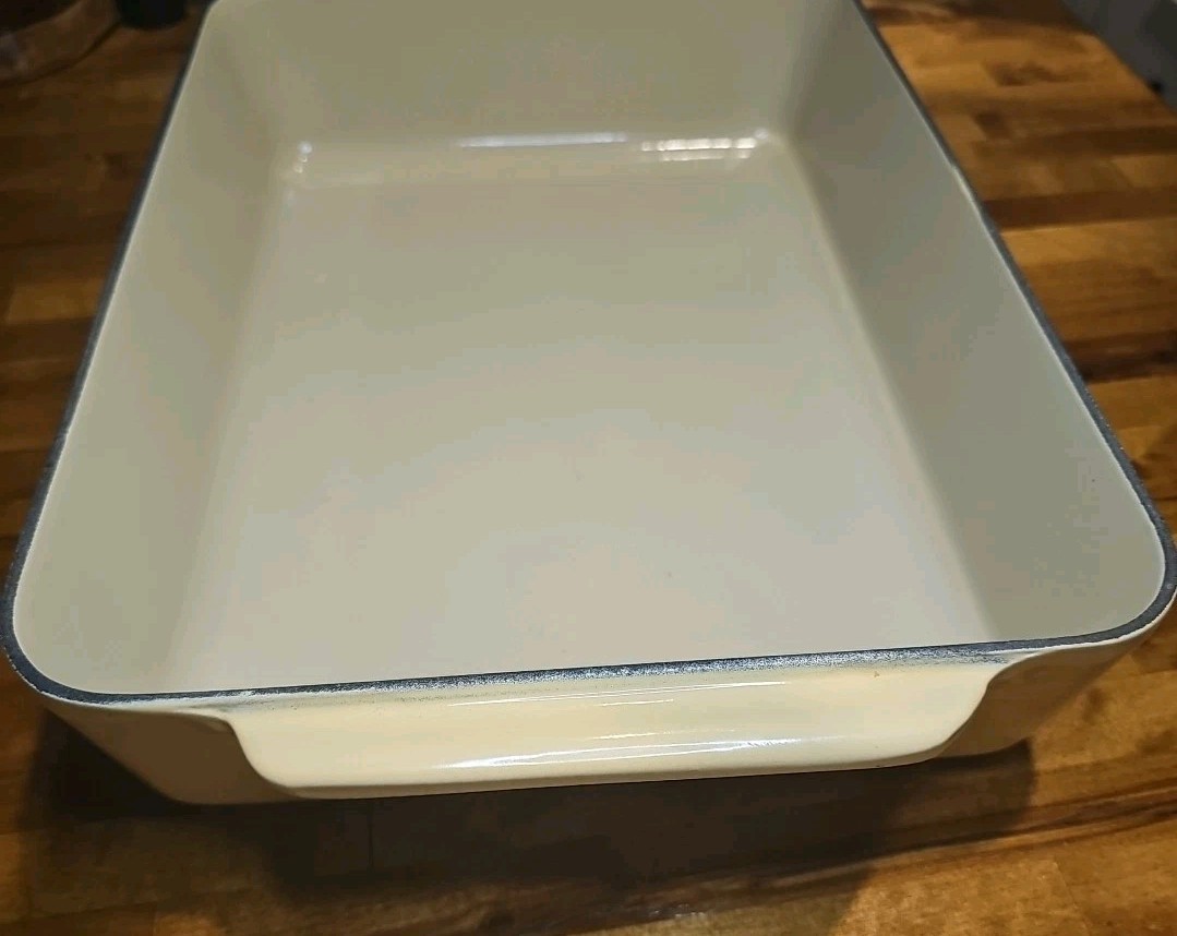 Vintage Cousances France Beige Enameled Cast Iron Roasting Pan 14" x 10"