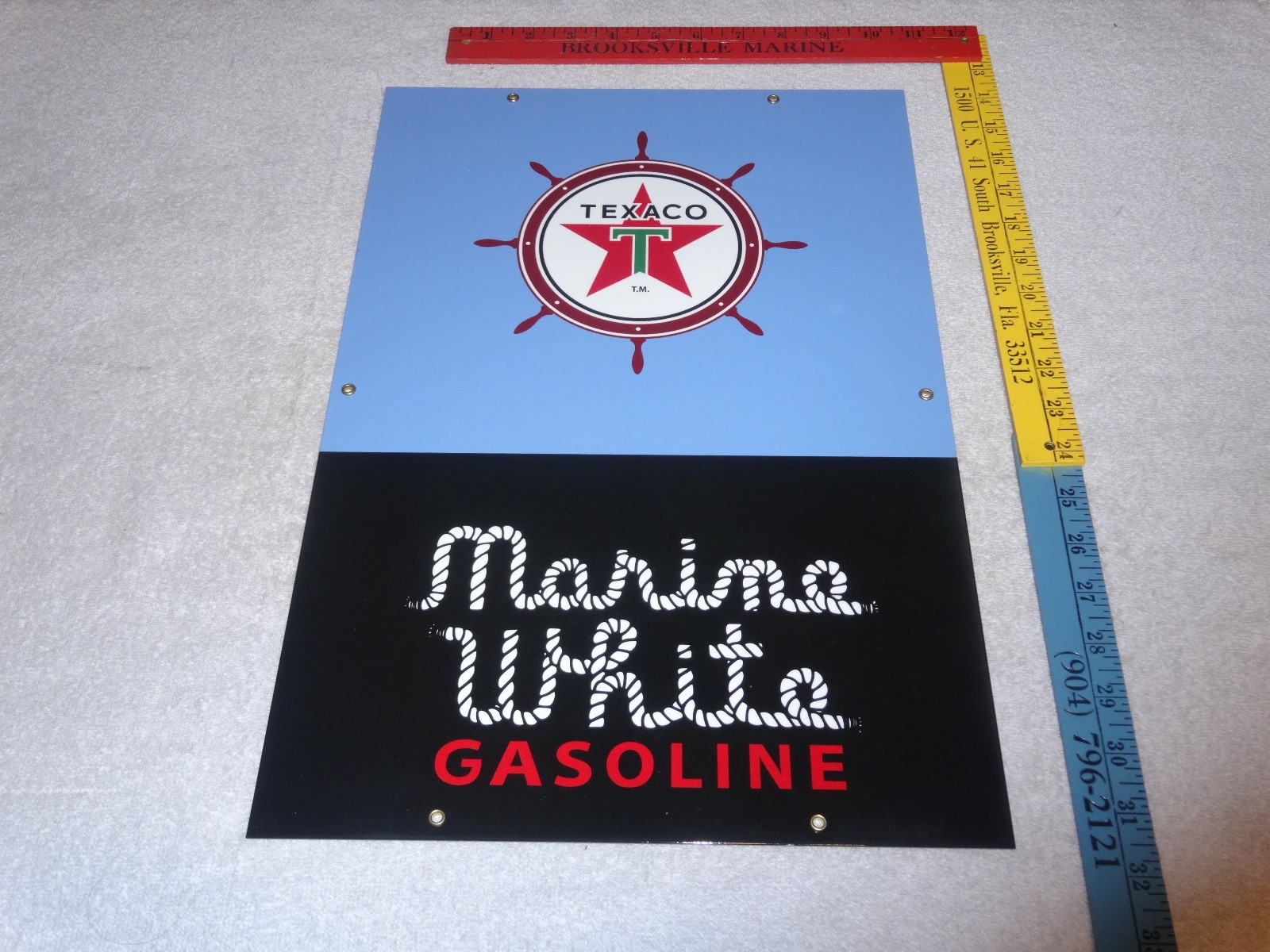 VINTAGE TEXACO MARINE WHITE GASOLINE 18" PORCELAIN METAL GAS OIL PUMP PLATE SIGN