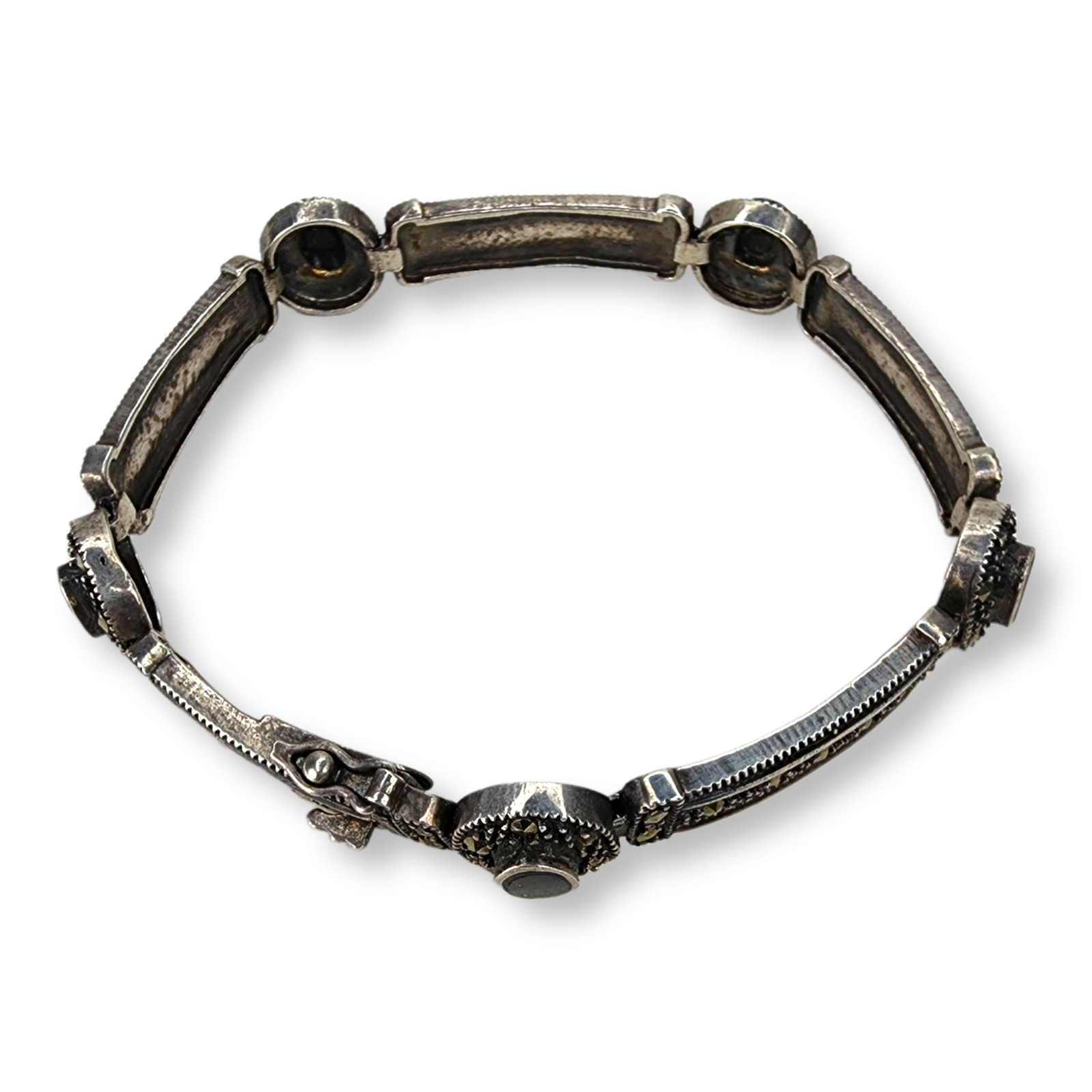Vintage Sterling Silver 925 Marcasite and Black Onyx Link Bracelet 7.5 Inches