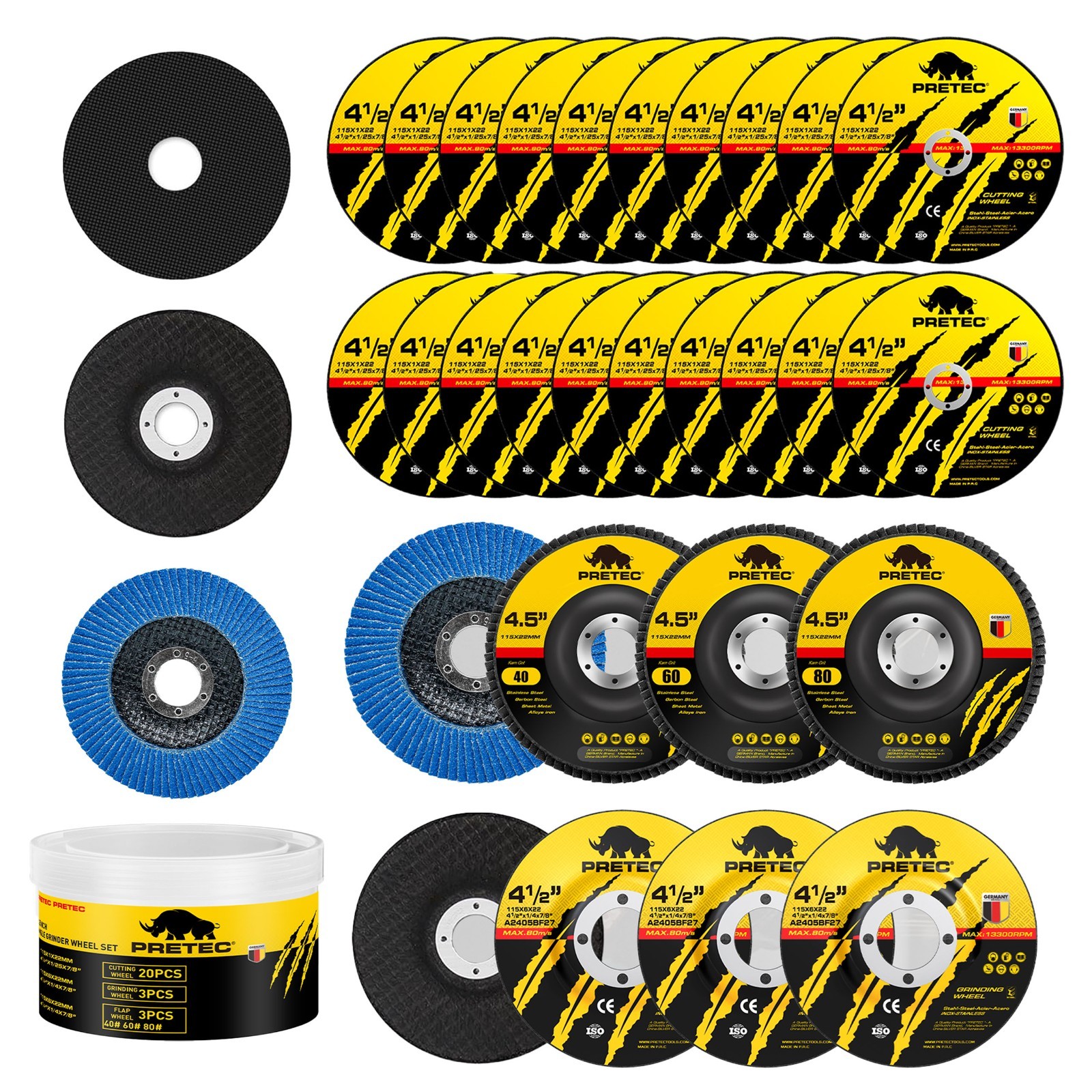 26Pack 4-1/2" Angle Grinder Disc Set–Cut-Off Wheels,Flap Discs & Grinding Wheels