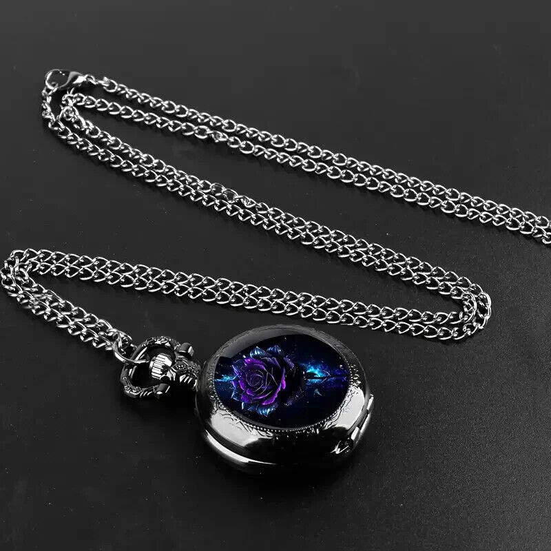NEW Purple Rose Vintage Like, Quartz Pocket Watch, Black Necklace Chain 1.4wx.6d
