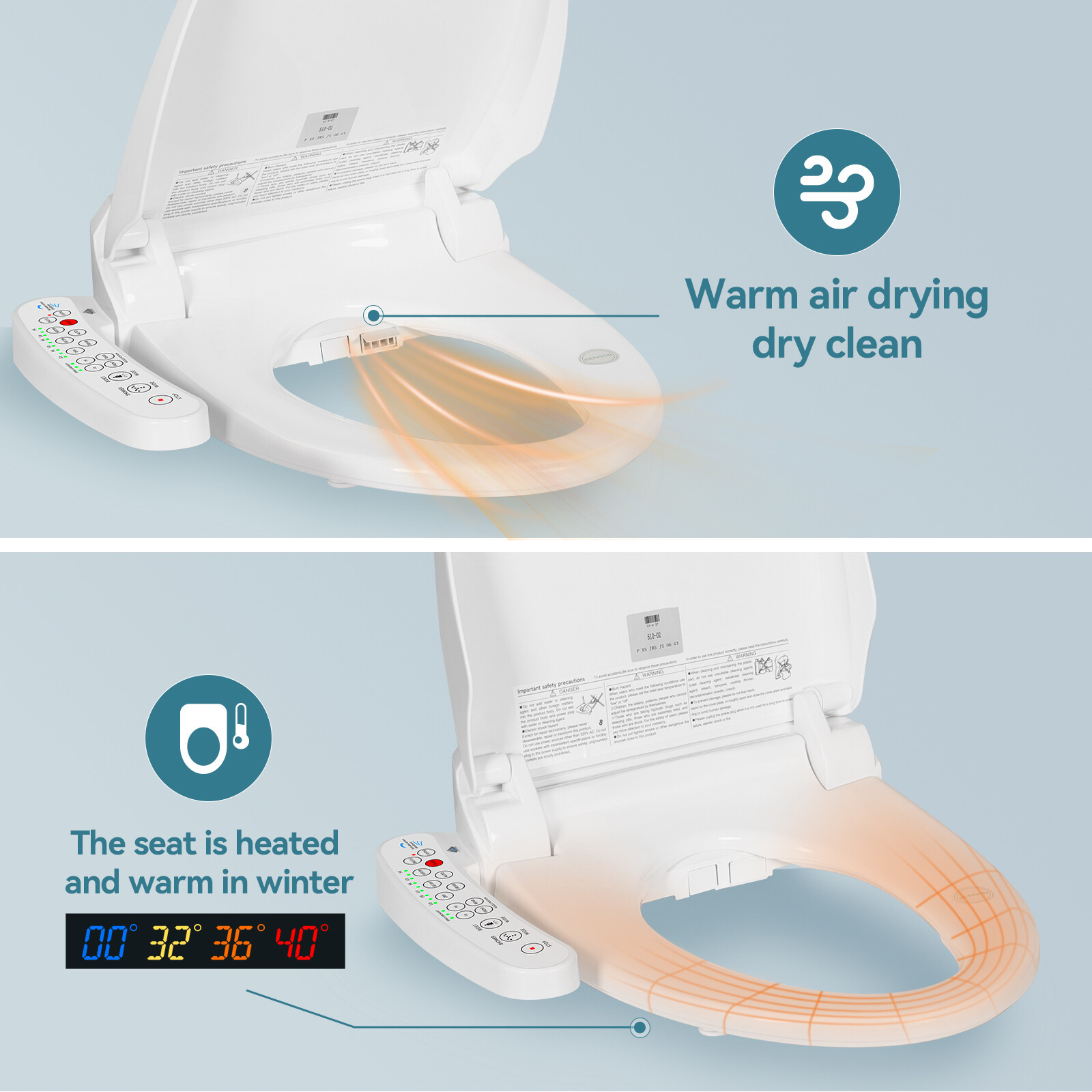 Smart Toilet Seat Electric Bidet Elongated Auto Deodorization Heated Nightlight