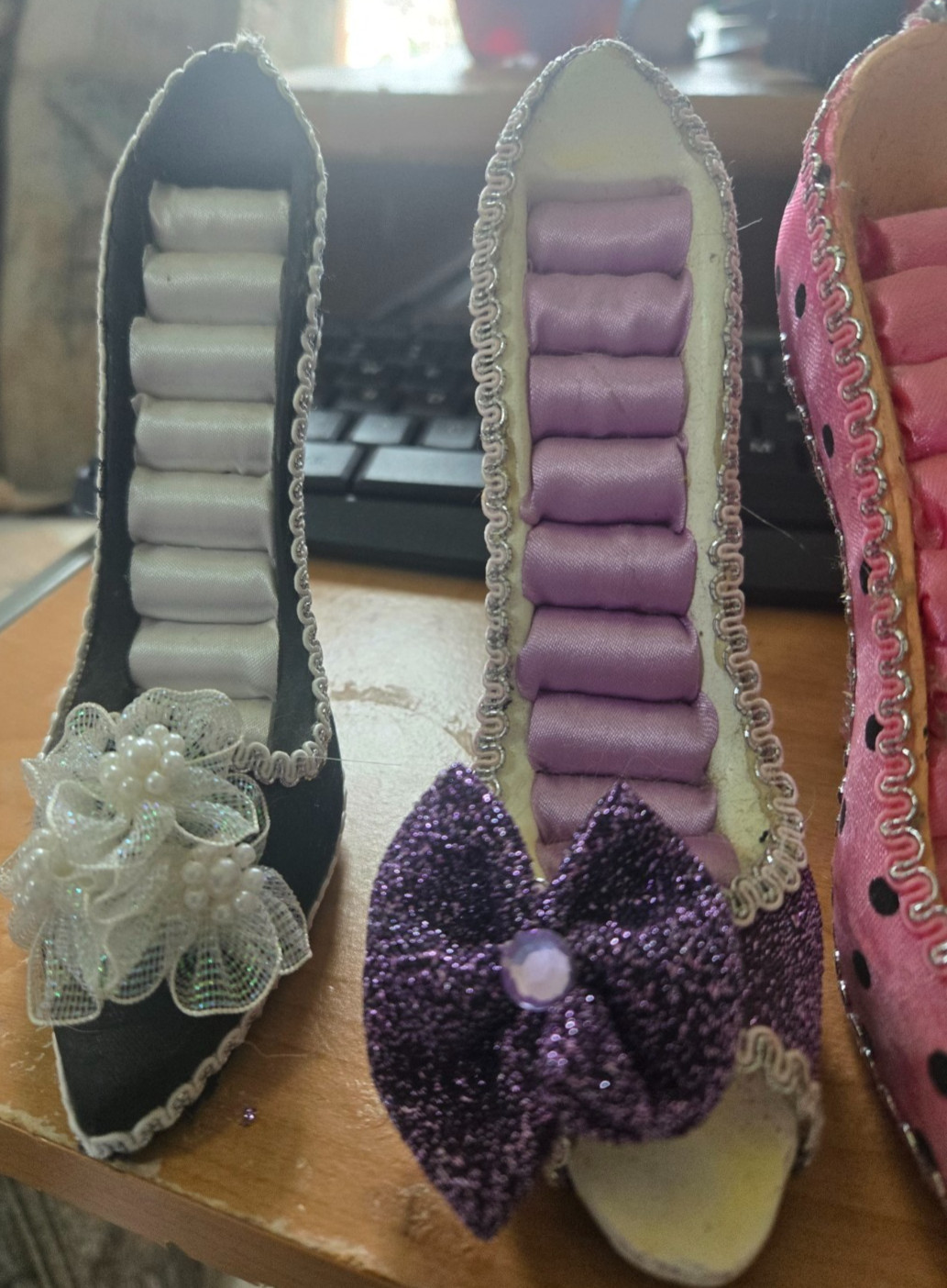 Lot of 4 High Heel Shoe Ring Holders Jewelry Display Fabric Heels Vanity Decor
