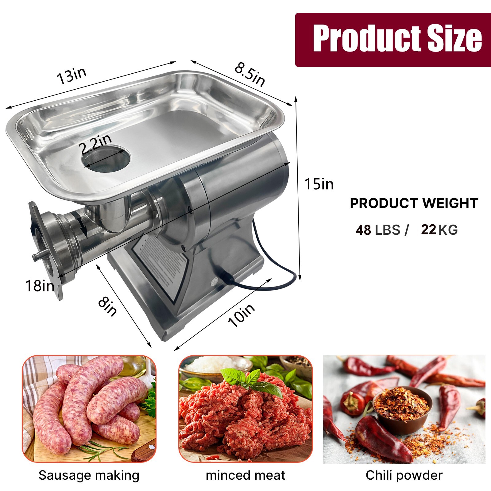 1.5HP Commercial Electric Meat Grinder 1100W Stainless Steel 550lbs/h Heavy Duty